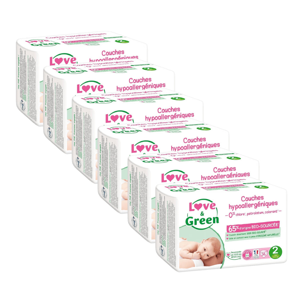 LOVE & GREEN Couches Écologiques Saines Pour Bébé Taille 2 3-6 kg - Pack Mensuel De 6 (216 Couches Au Total)