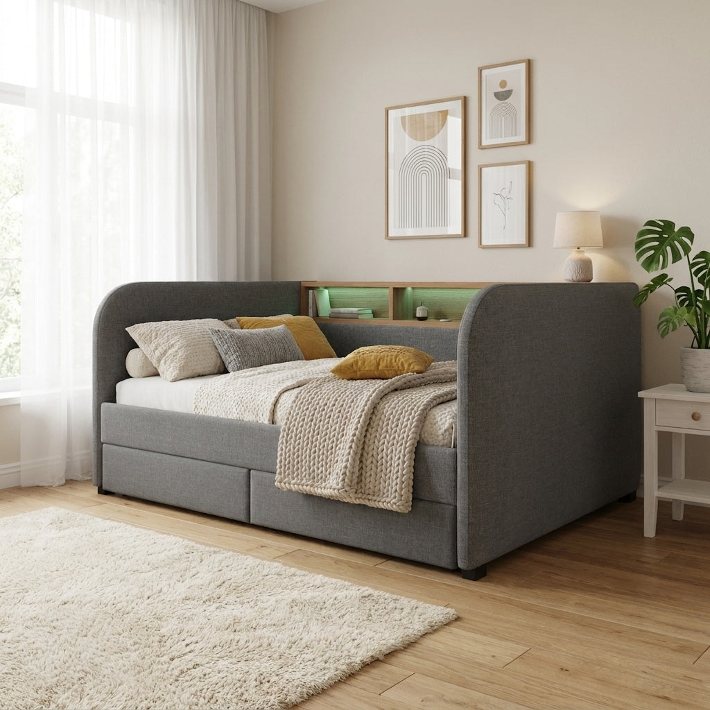 URBAN MEUBLE Lit superposé 140x190 cm, 1 pièce, tissu en lin, gris, avec tête de lit LED et prise de charge USB-C