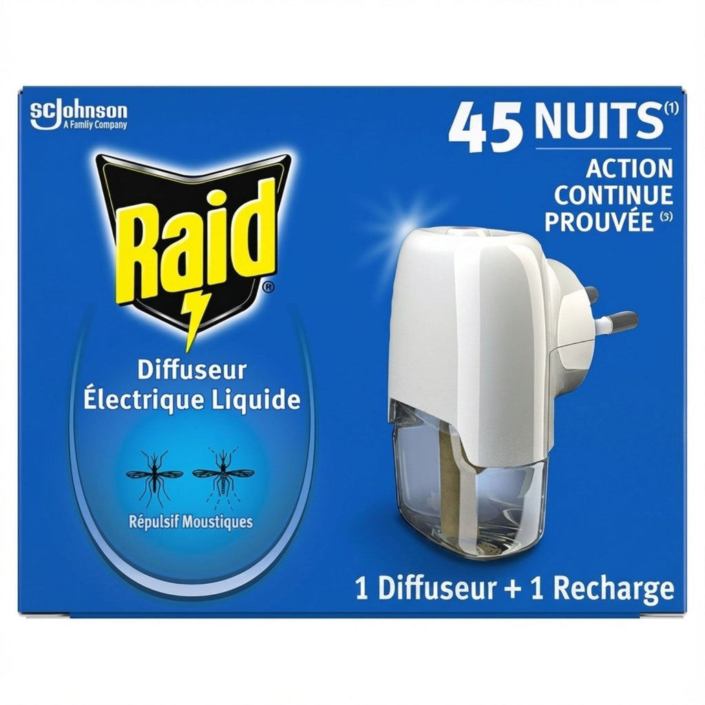 Raid Diffuseur électrique répulsif anti-moustiques avec recharge liquide, Protection jusqu'à 45 nuits, Sans parfum, 32 ml