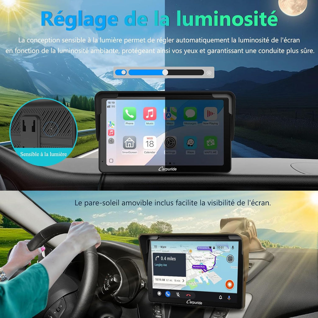 Autoradio CARPURIDE, portable sans fil Carplay & Android Auto, radio tactile 7 pouces 1080P HD avec BT 5.0, prise en charge Mirror Link, support de tableau de bord pour camion camping-car