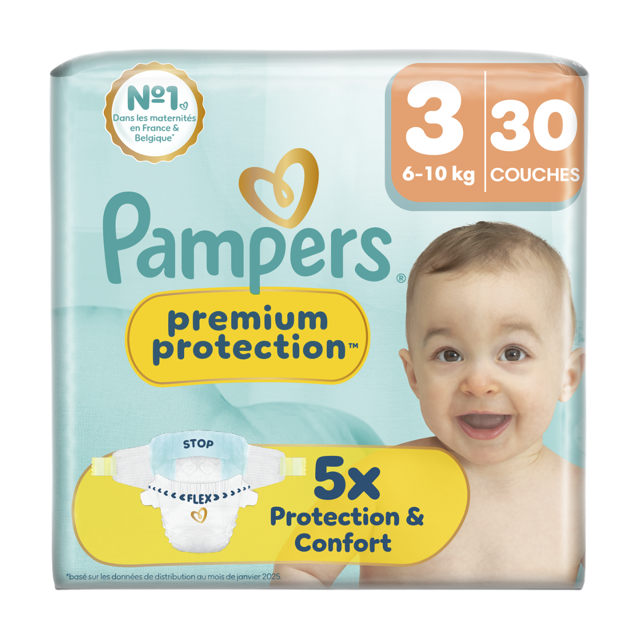 Pampers Couches Premium Protection Taille 3, 6-10 kg, 30 Couches Bébé, Notre N°1 Pour La Protection De La Peau Et Contre Les Fuites