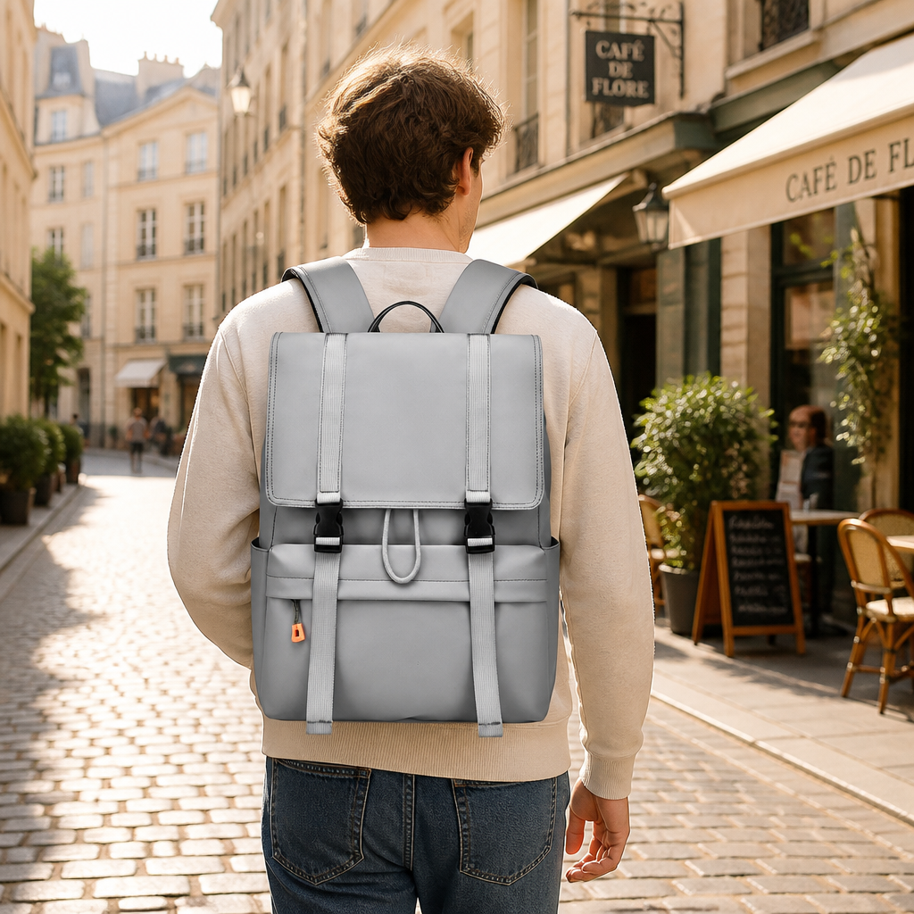 Sac à dos ordinateur portable 15,6 pouces à rabat, sac à dos décontracté résistant à l'eau avec fermeture à cordon