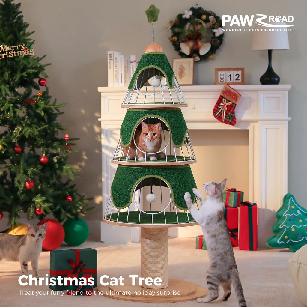 PAWZ Road 130 cm arbre à chat de Noël, tour pour chat avec griffoir recouvert de sisal de 14 cm et 3 grandes niches pour chat, grand griffoir pour chat pour chats d'intérieur, vert
