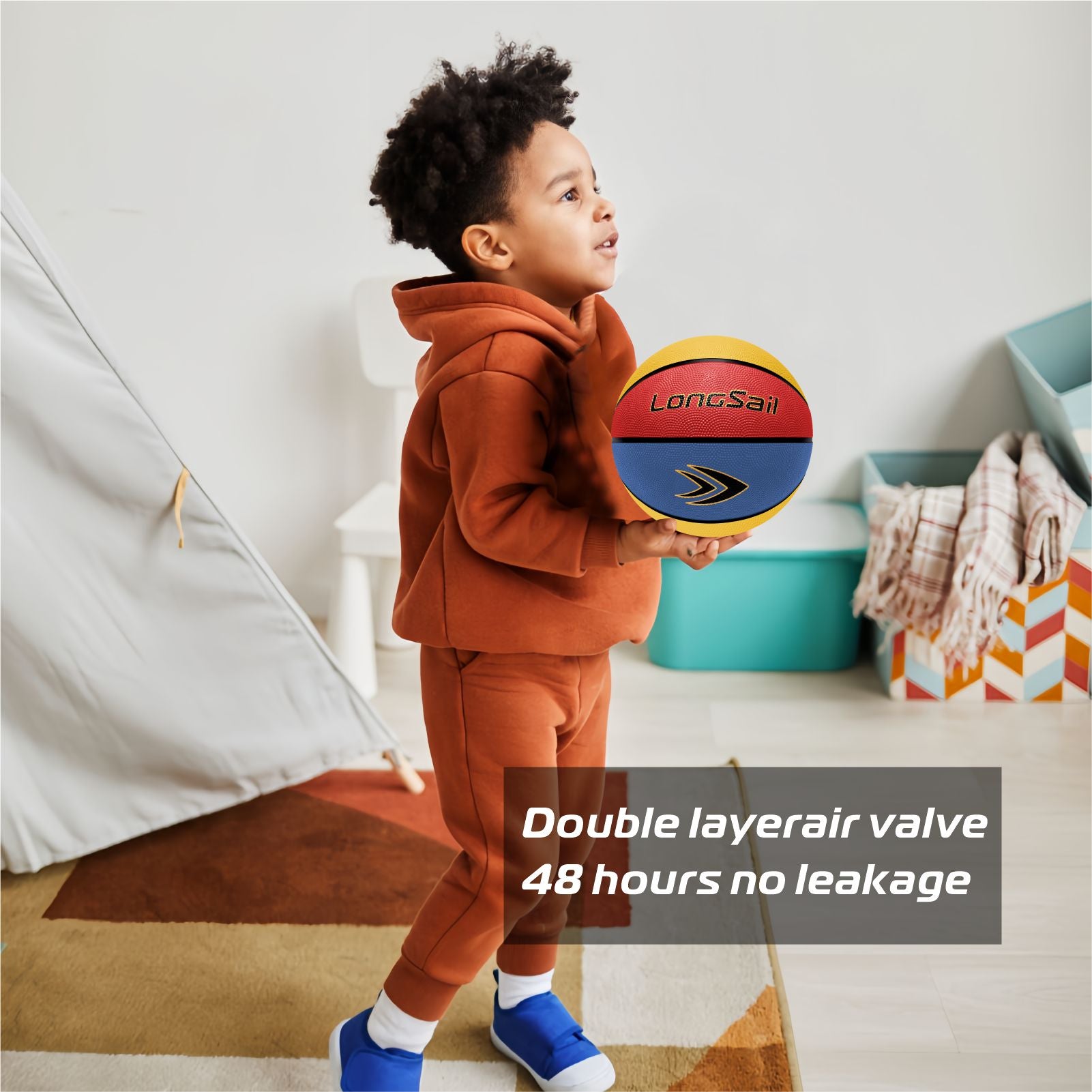 LONGSAIL Ballon de basketball en caoutchouc haute qualité rouge/jaune/bleu - Taille 3