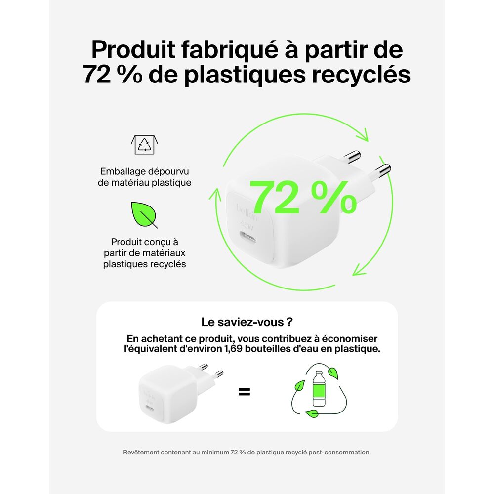 Belkin BoostCharge Chargeur secteur compact avec câble USB-C vers USB-C, 45 W - Blanc