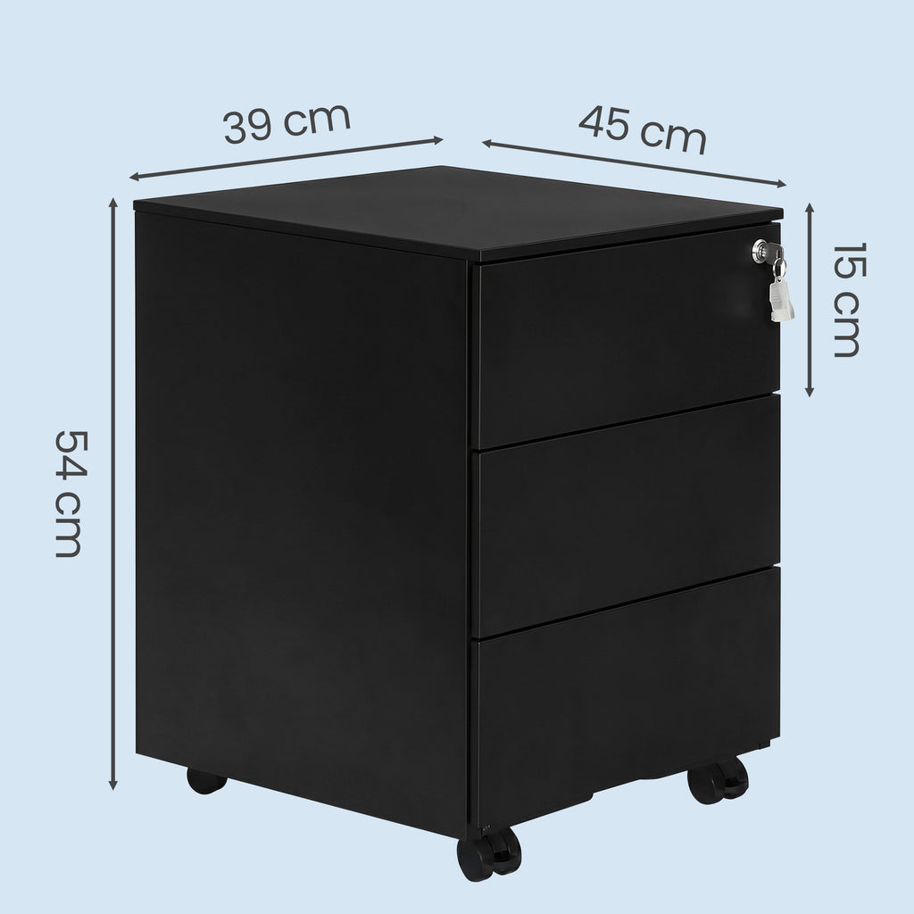 JOYFURNOS Armoire à dossiers mobile verrouillable noir mat – 3 tiroirs, préassemblée, rangement pour documents et fournitures, 39 x 45,1 x 53,8 cm – rangement compact pour bureau ou télétravail