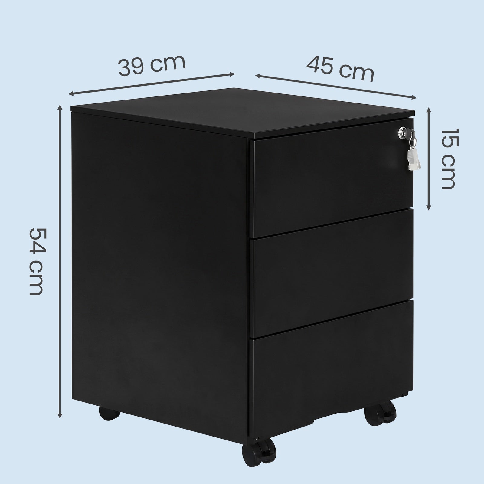 JOYFURNOS Armoire à dossiers mobile verrouillable noir mat – 3 tiroirs, préassemblée, rangement pour documents et fournitures, 39 x 45,1 x 53,8 cm – rangement compact pour bureau ou télétravail