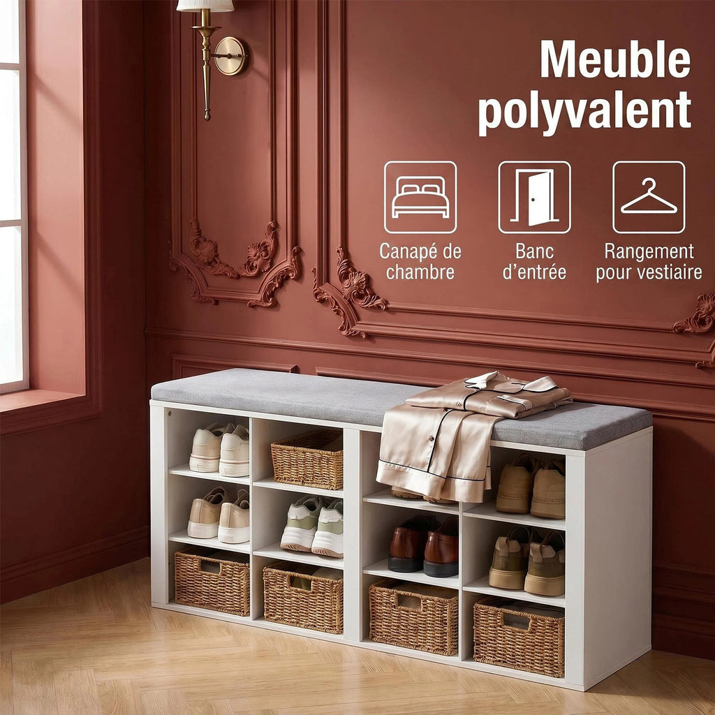 HaluPeit Banc à chaussures avec assise, meuble à chaussures avec banc et 12 compartiments, banc d'entrée avec étagères réglables pour le salon, la chambre ou le couloir, blanc et gris