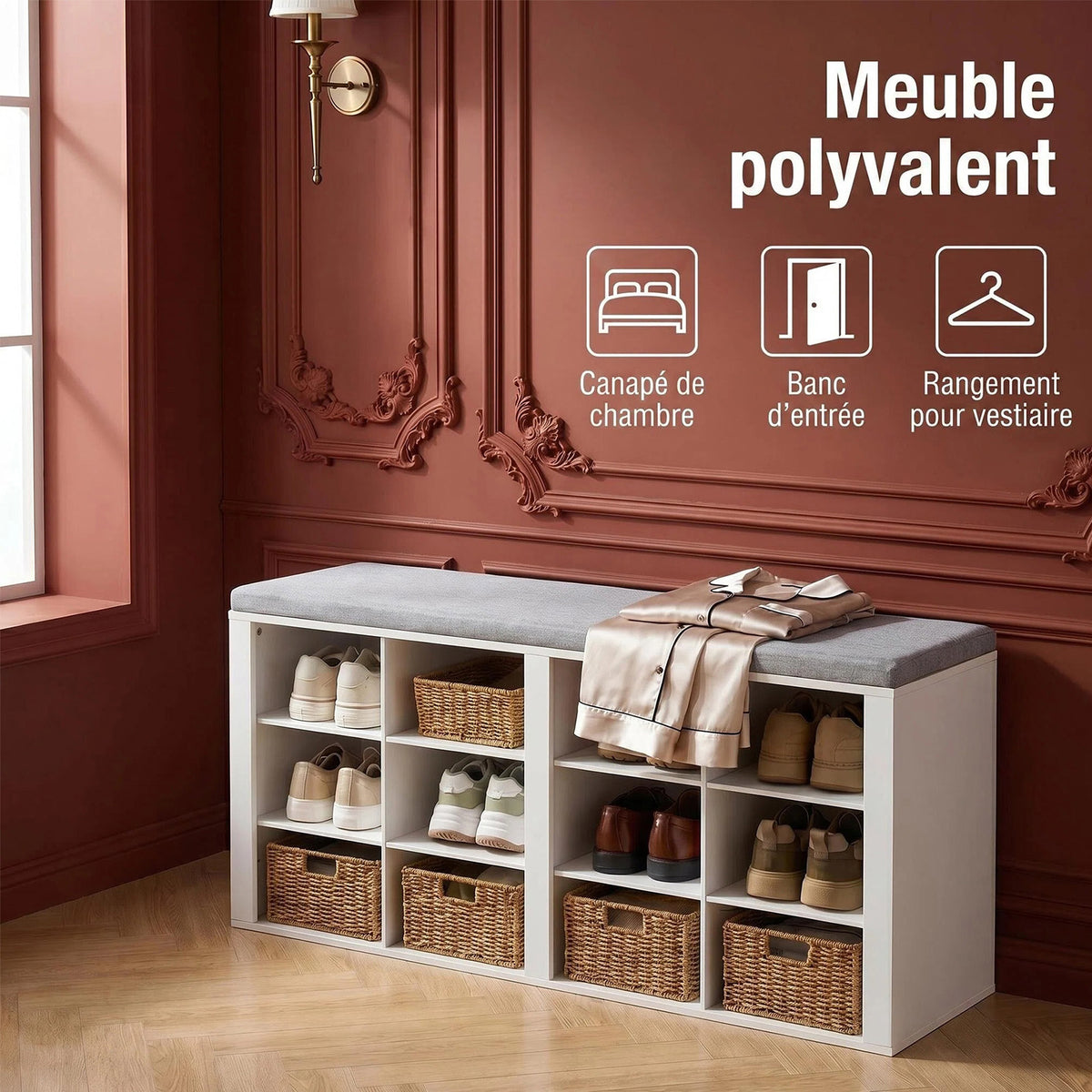 HaluPeit Banc à chaussures avec assise, meuble à chaussures avec banc et 12 compartiments, banc d'entrée avec étagères réglables pour le salon, la chambre ou le couloir, blanc et gris