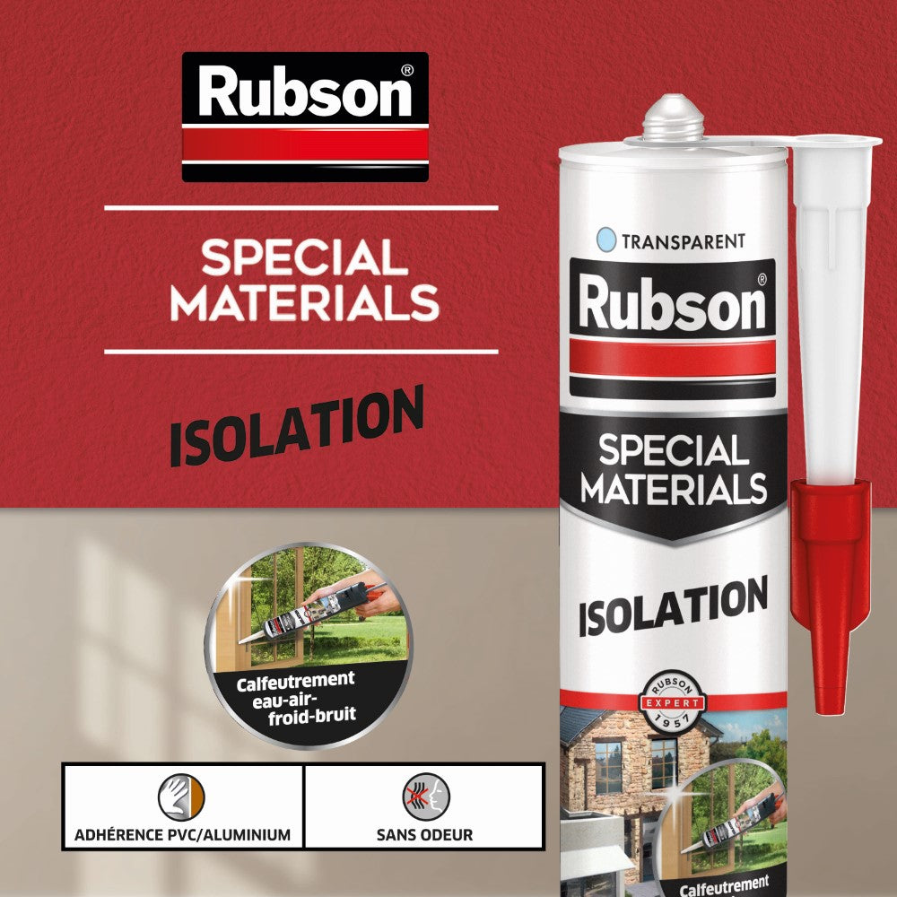 Henkel Rubson | Mastic Special Materials Isolation Transparent (cartouche de 280 ml) – Joint silicone pour isolation thermique et isolation phonique – Calfeutrement eau-air-froid-bruit