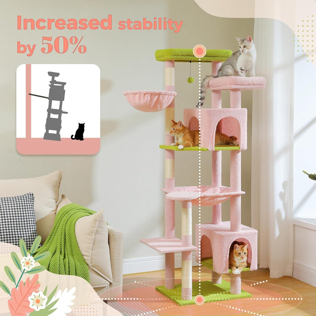 PAWZ Road Grand arbre à chat stable avec plusieurs niveaux, hamac, arbre à chat XXL 175 cm, 13 poteaux en sisal (diamètre 11 cm), grande plateforme, niche, paniers, rose