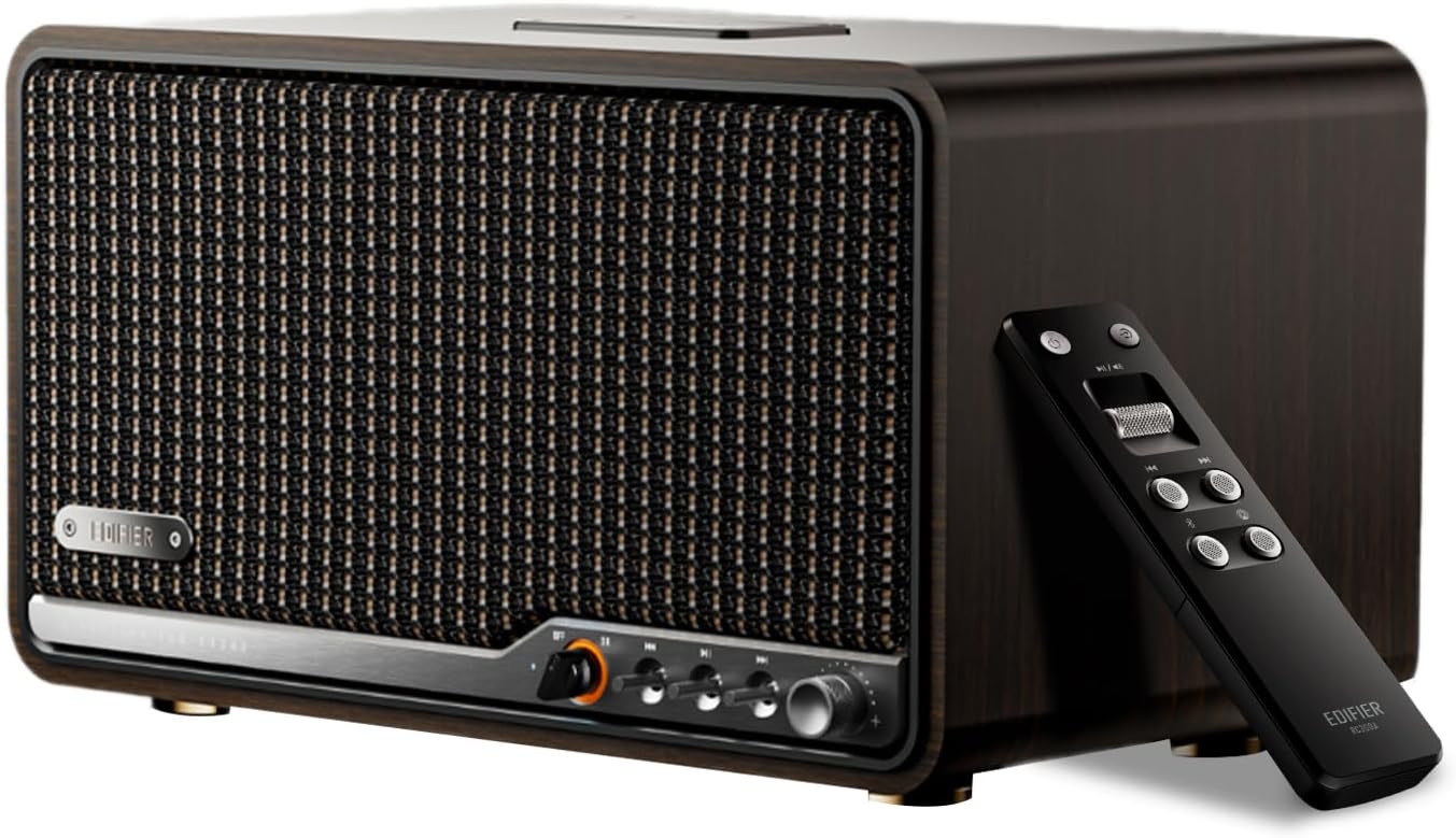 Edifier S300 enceinte de bureau Hi-Fi, audio Hi-Res LDAC, multiroom sans fil et appairage stéréo, 80 W, compatible AirPlay 2, Bluetooth 5.4, USB-C et AUX, design rétro, télécommande