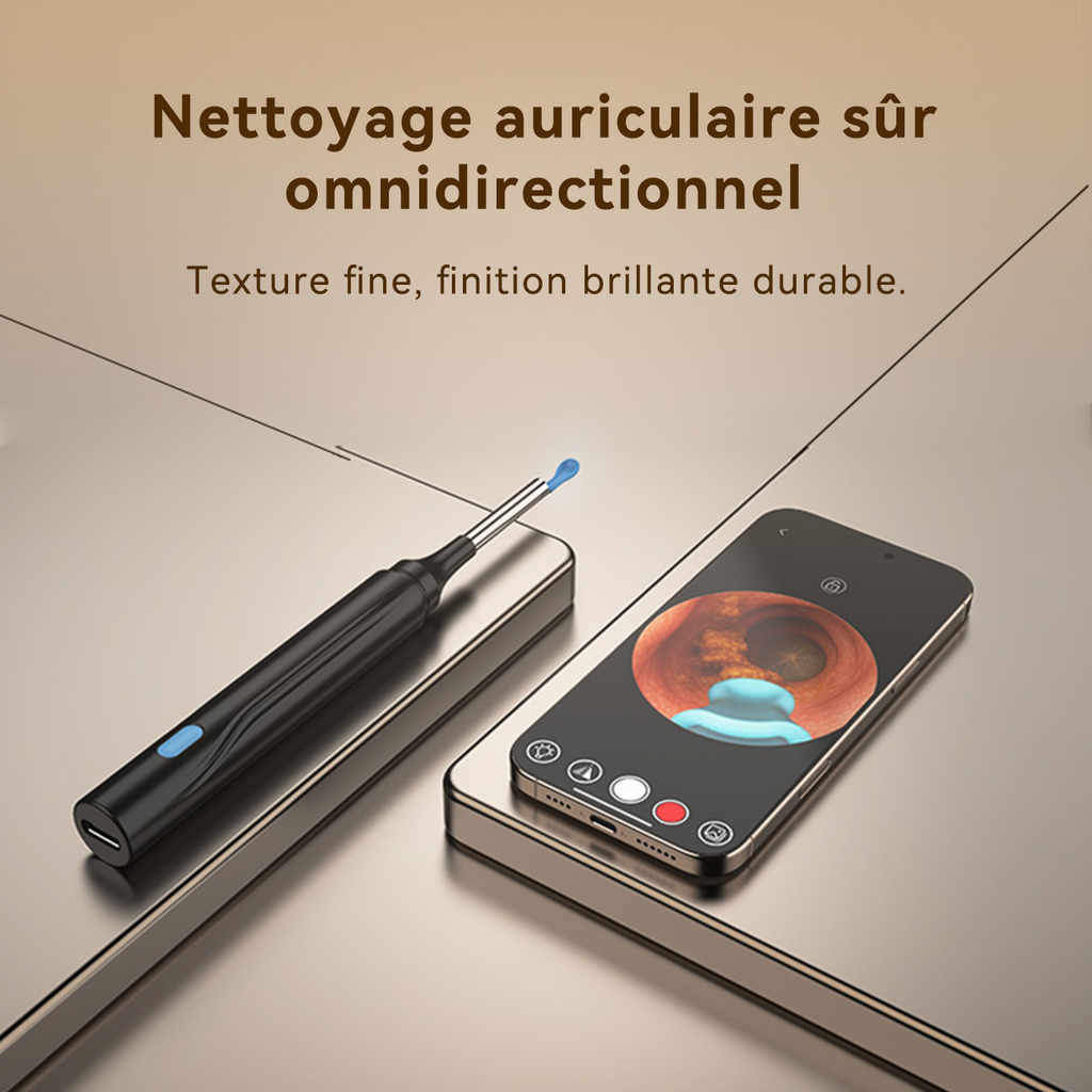 Sunluxy Outil d’extraction de cérumen avec caméra, 10 MP HD, 7 kits, 6 lumières LED, embouts en silicone souple, étanche IPX5, rechargeable type-C, compatible iOS et Android – H1, noir