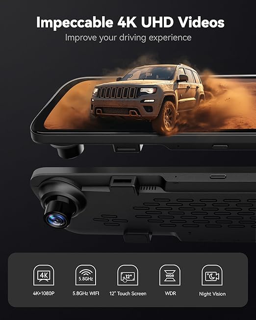 WOLFBOX G840S 12" 4K Dashcam avec rétroviseur, caméra de recul, miroir rétroviseur intelligent WiFi 5,8 GHz pour voitures et camions, double caméra avant et arrière, vision nocturne