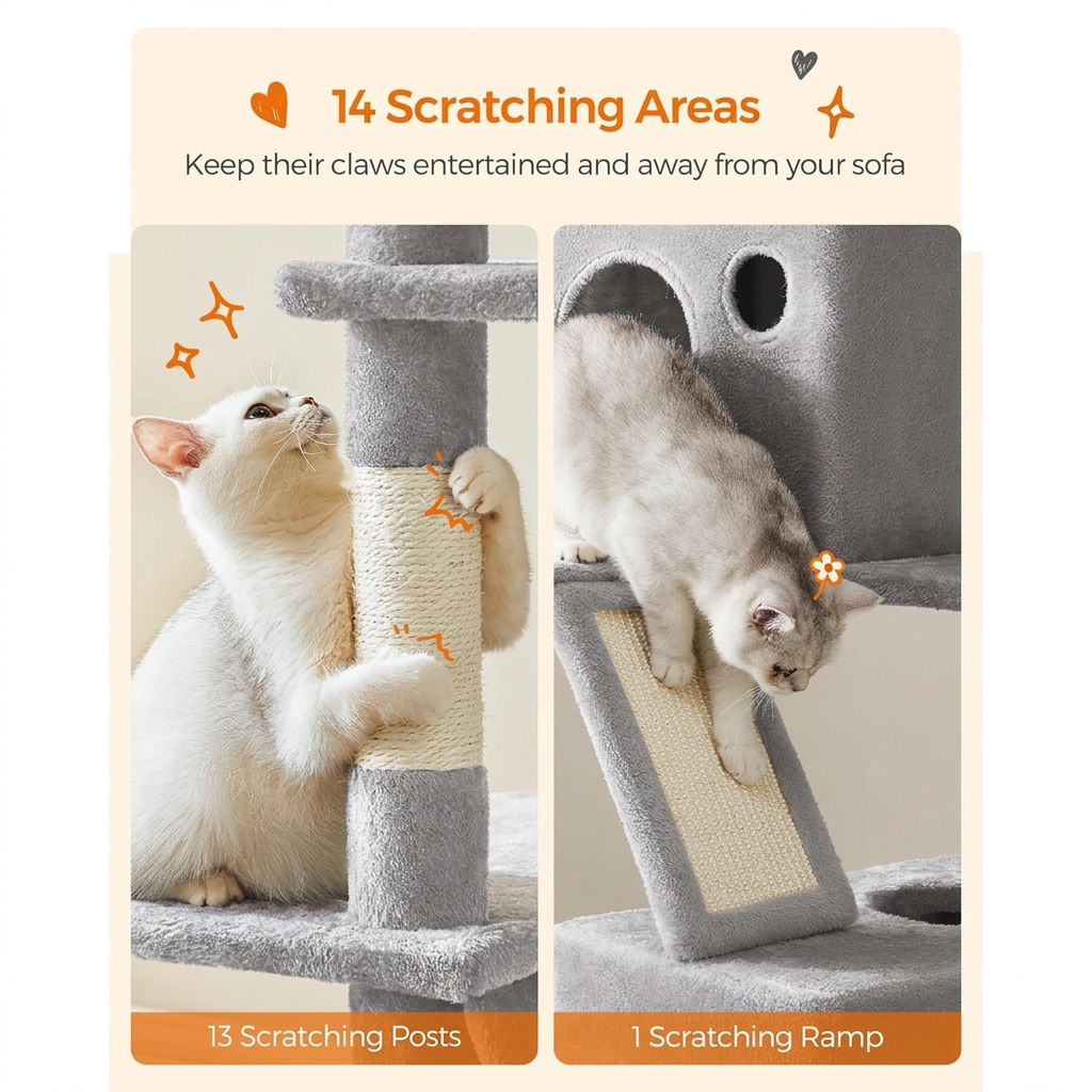 Feandrea Arbre à Chat 206 cm Grande Tour 13 Poteaux à Griffer 2 Perchoirs 2 Niches Panier Hamac Pompons Gris Clair