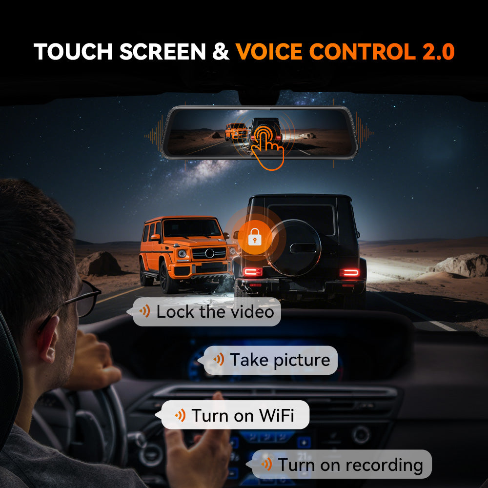 WOLFBOX M40 Caméra de rétroviseur 10 pouces, Caméra embarquée avant et arrière 4K+1080P, Caméra embarquée rétroviseur avec ADAS/BSD, Commande vocale, Carte 64 Go incluse, Wi-Fi et GPS