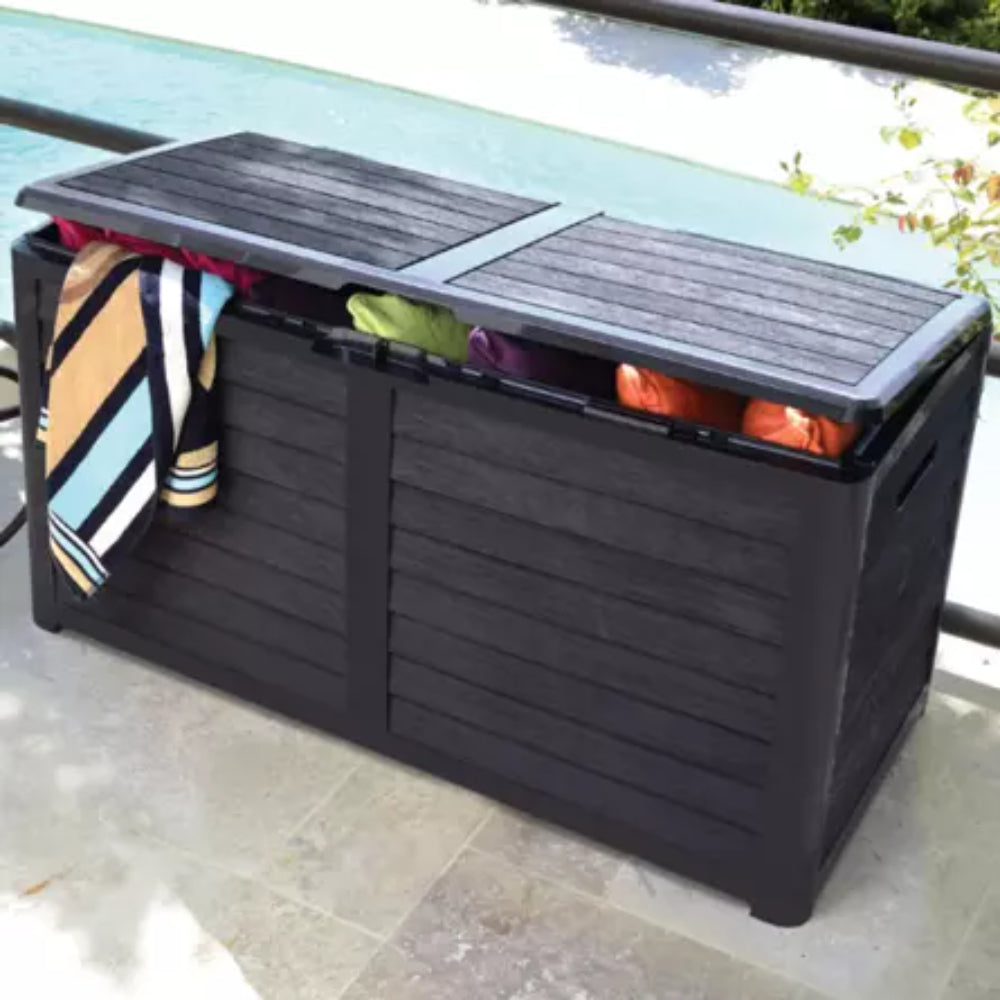 EDA BAYA Coffre de jardin 420 L - Effet bois, ventilé, protection UV, cadenassable, assemblage sans outils - Taupe - 117,3 x 54,8 x 65,3 cm