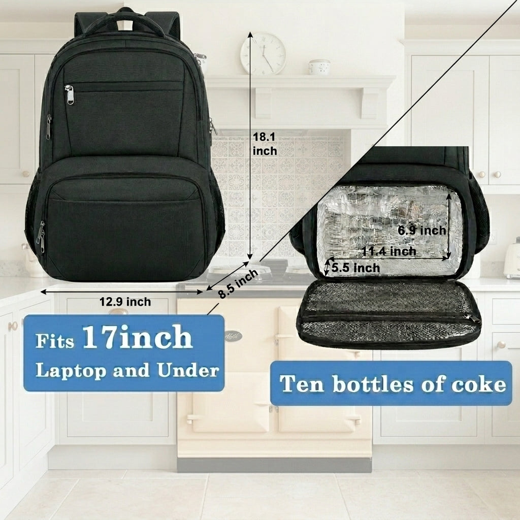 Sac à dos de déjeuner pour hommes, femmes et travail, sac à dos robuste pour ordinateur portable de 17 pouces avec compartiment à repas