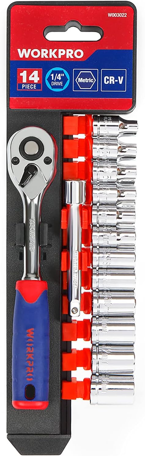 WORKPRO Jeu de clés à douilles métrique 14 pièces (4-13 mm), Cadeau pour la fête des Pères, Acier Cr-V antirouille, Clé à cliquet à cliquet rapide 72 dents 1/4", avec barre d'extension