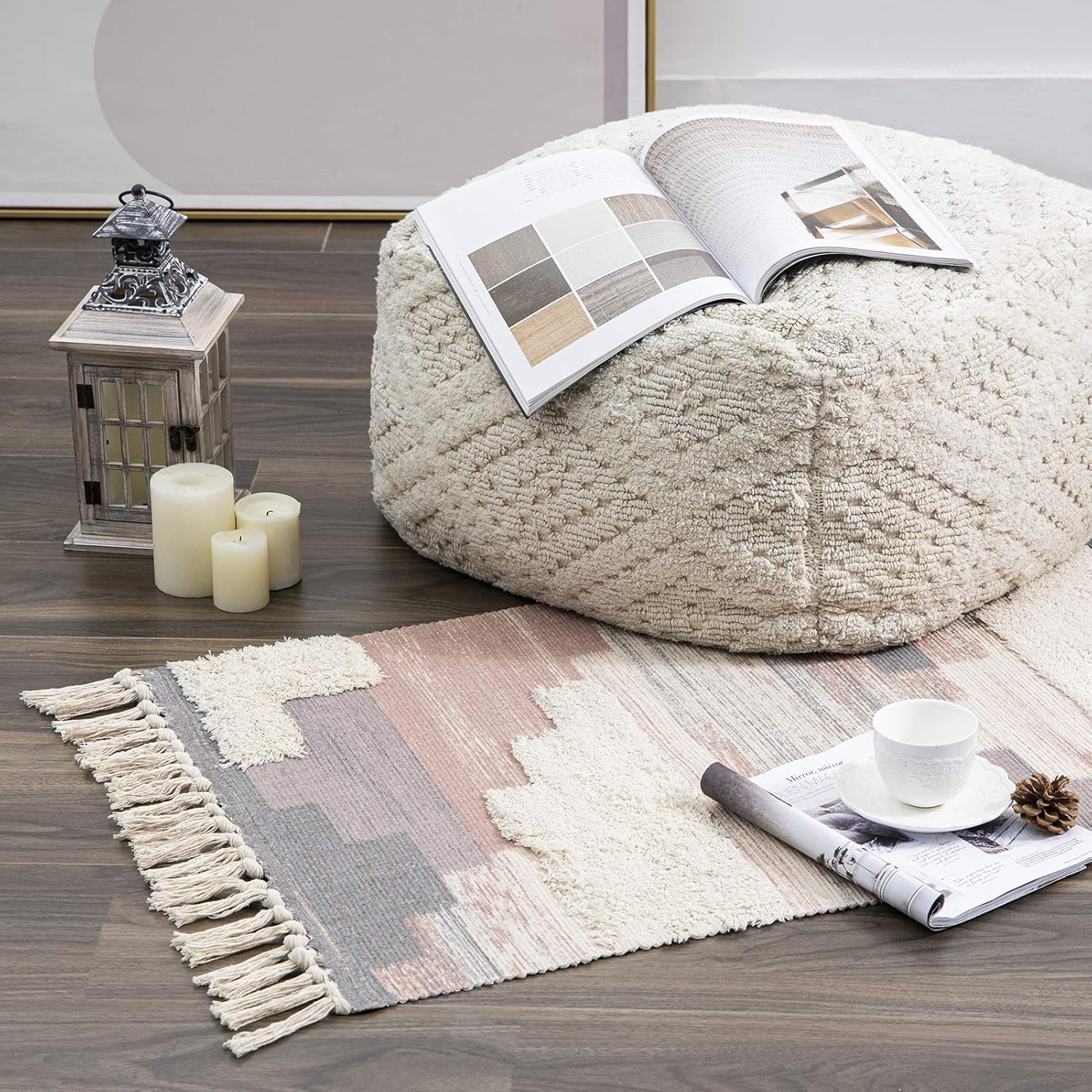 Ashler Tapis en coton, Tapis tissé shaggy à franges et à poils rasés bohème, Tapis de sol de style maison de campagne lavable en machine pour salon, chambre, cuisine