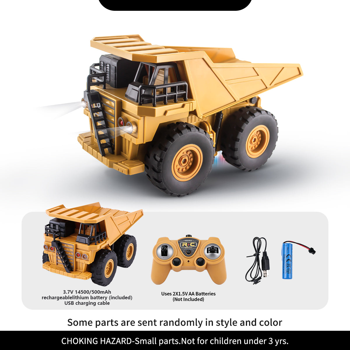 Jouet camion benne RC, Camion de mine télécommandé en plastique rechargeable avec phare LED, Plateau de chargement relevable, Jouet de véhicule d'ingénierie tout-terrain pour garçons cadeau pour enfants