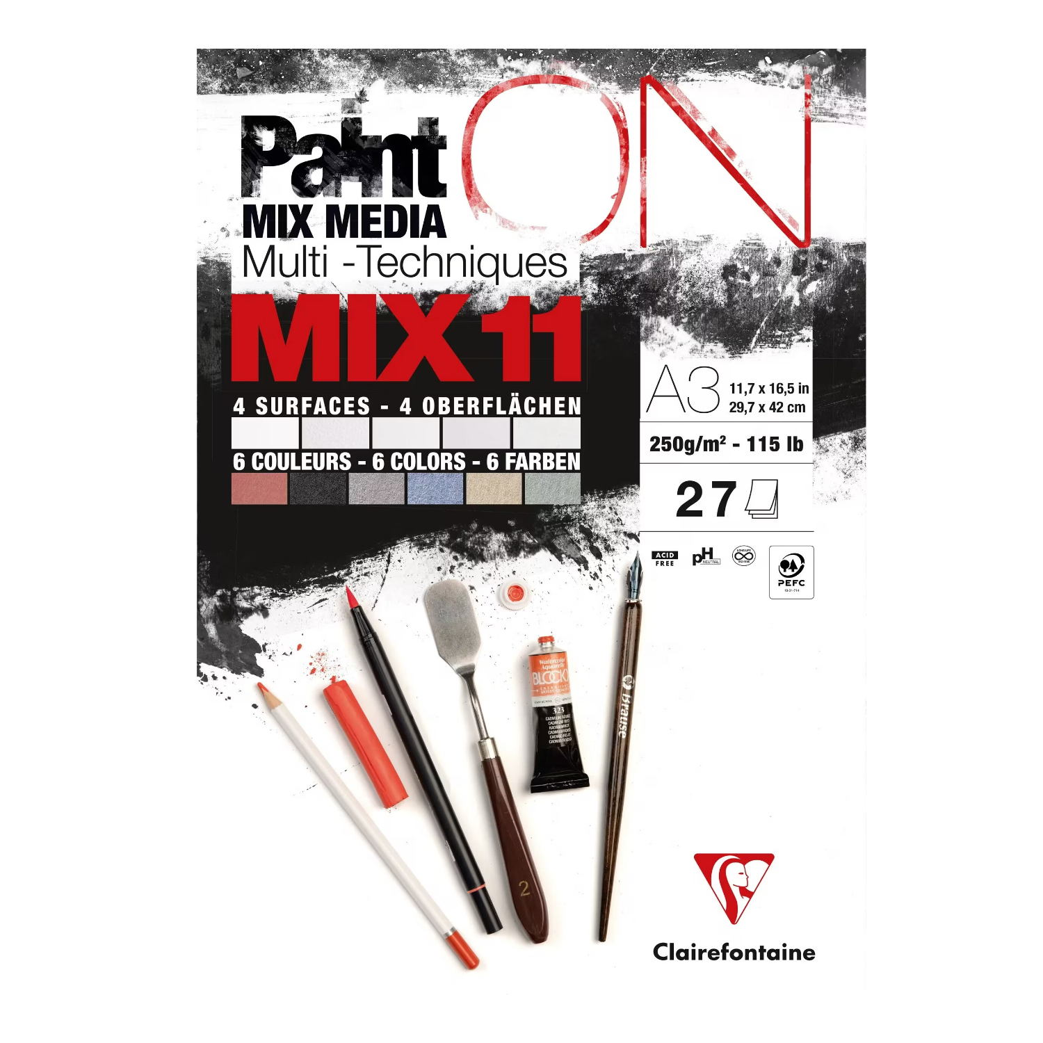 CLAIREFONTAINE PaintON MIX11 Bloc de 27 feuilles, Assortiment 5B×3, 6C×2, A3, 250 g