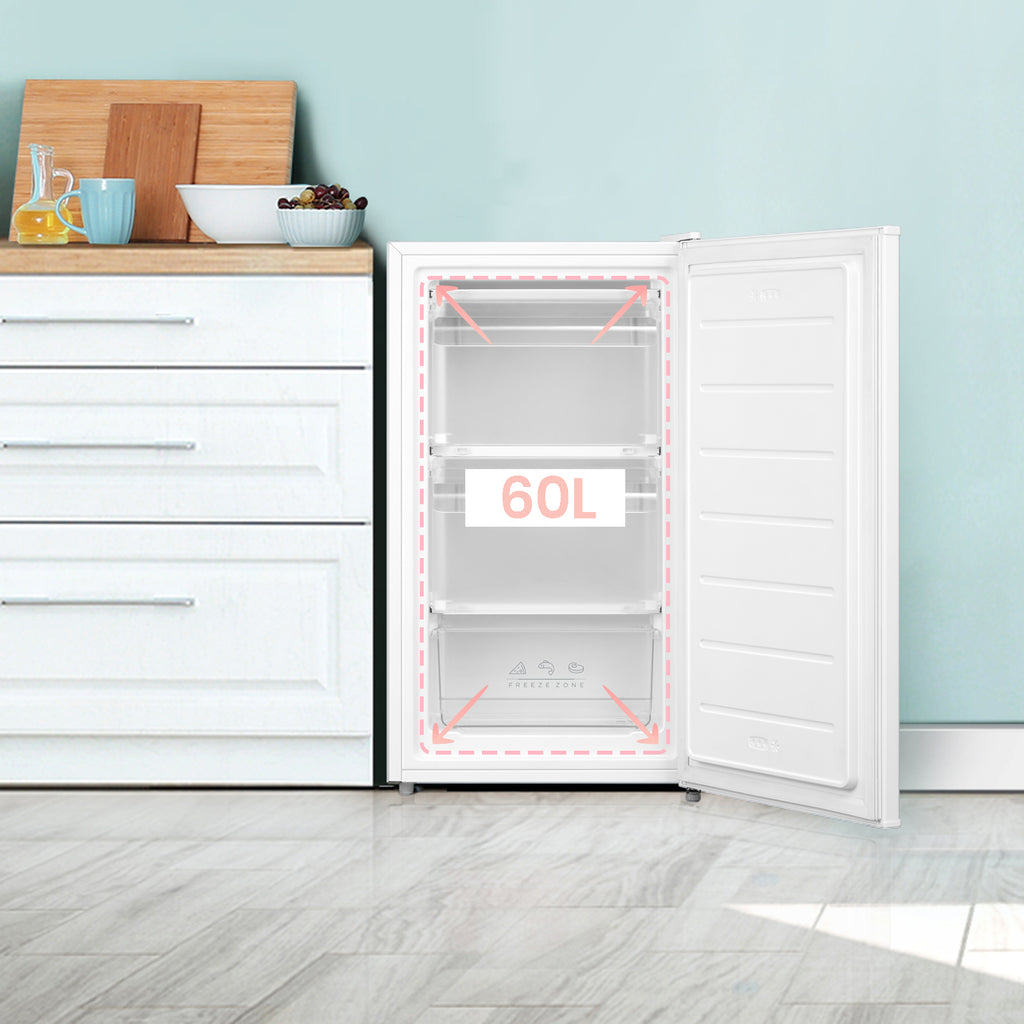 Comfee' RCU60WH2(E) Congélateur vertical avec tiroirs 60 L, 3 x tiroirs de congélation, porte unique, température réglable, porte réversible, silencieux, pose libre, Blanc