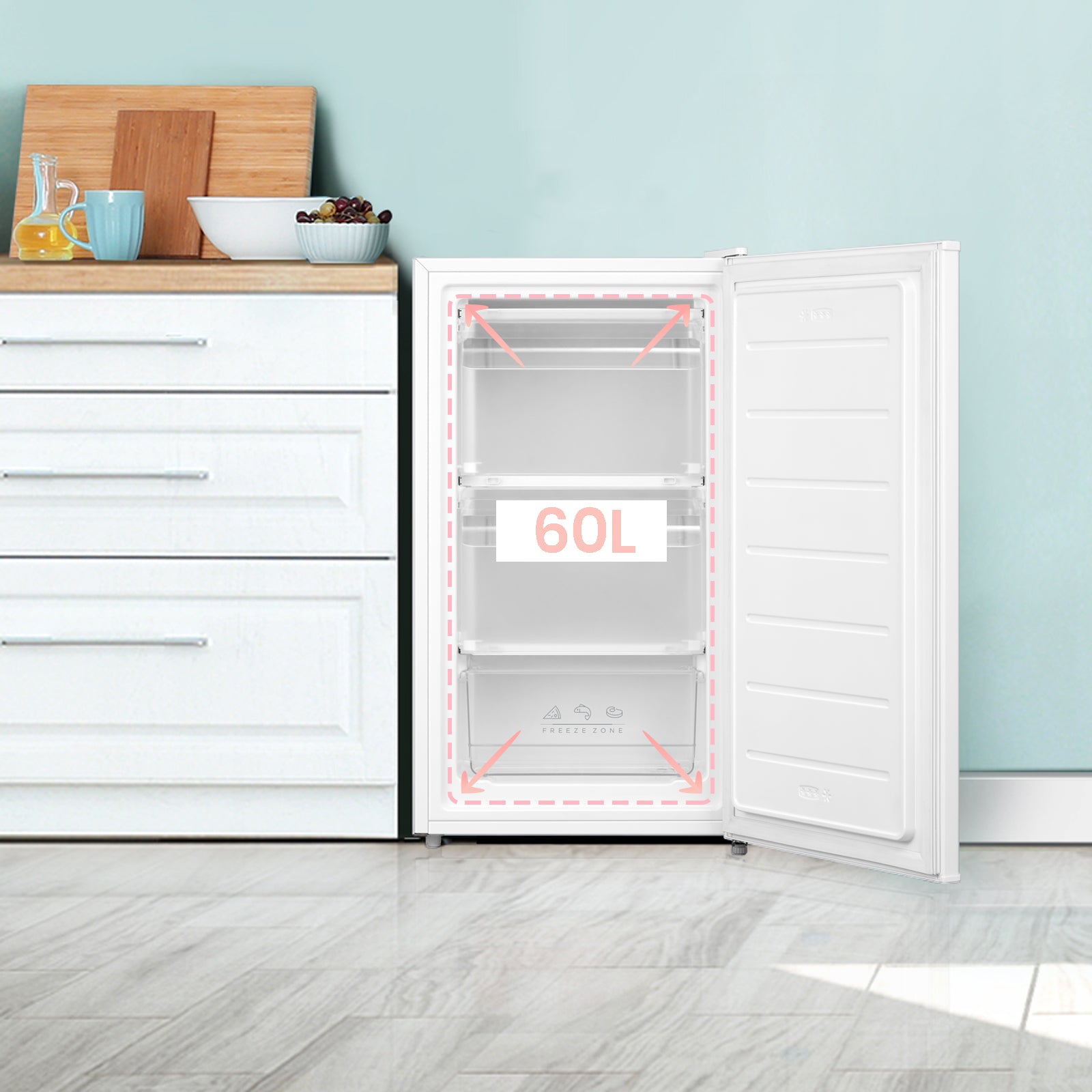 Comfee' RCU60WH2(E) Congélateur vertical avec tiroirs 60 L, 3 x tiroirs de congélation, porte unique, température réglable, porte réversible, silencieux, pose libre, Blanc