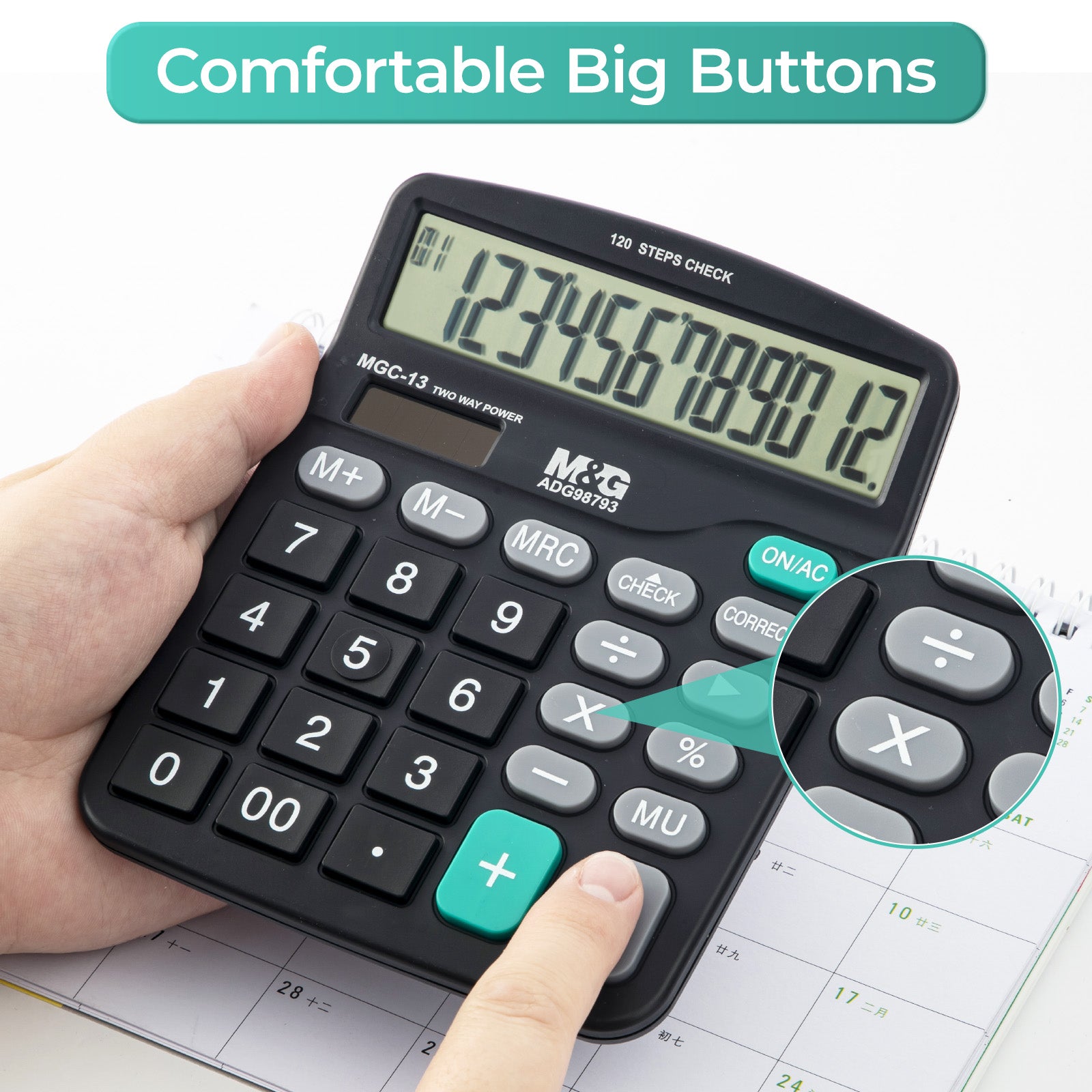 M&G Calculatrice de bureau 12 chiffres avec grand écran LCD, fonction de vérification et de correction, double alimentation solaire et batterie - Noir