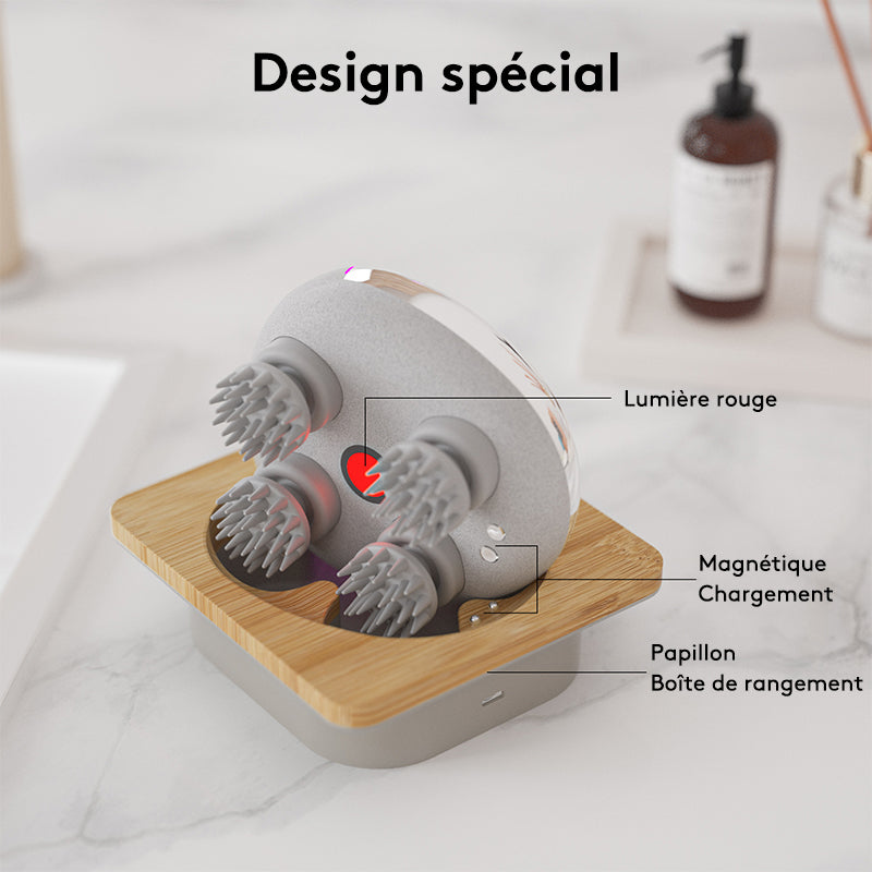 Breo Scalp Mini Masseur de cuir chevelu portable IPX7 étanche et rechargeable, avec base de charge en bambou et nodules de massage amovibles - Argent