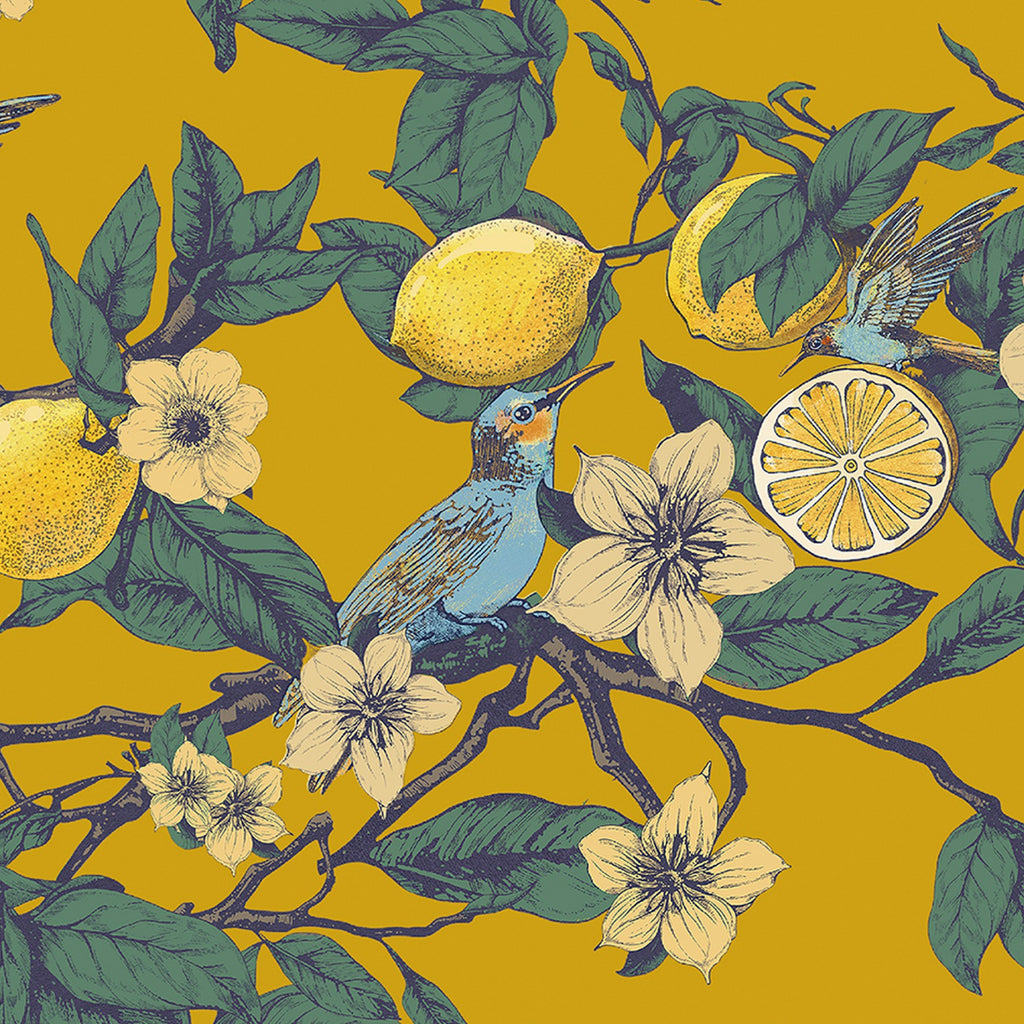 PONY DANCE Rideaux Occultants Motif Colibri Citron Style Illustration Mid Century pour Salon, Chambre, 2 Panneaux, L 132 x H 220 cm, Jaune Moutarde