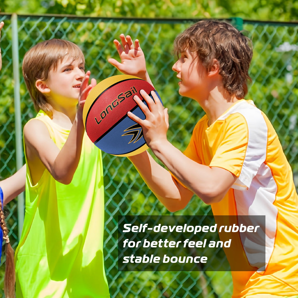 LONGSAIL Ballon de basketball en caoutchouc haute qualité (27,5 po) taille 5 rouge/jaune/bleu