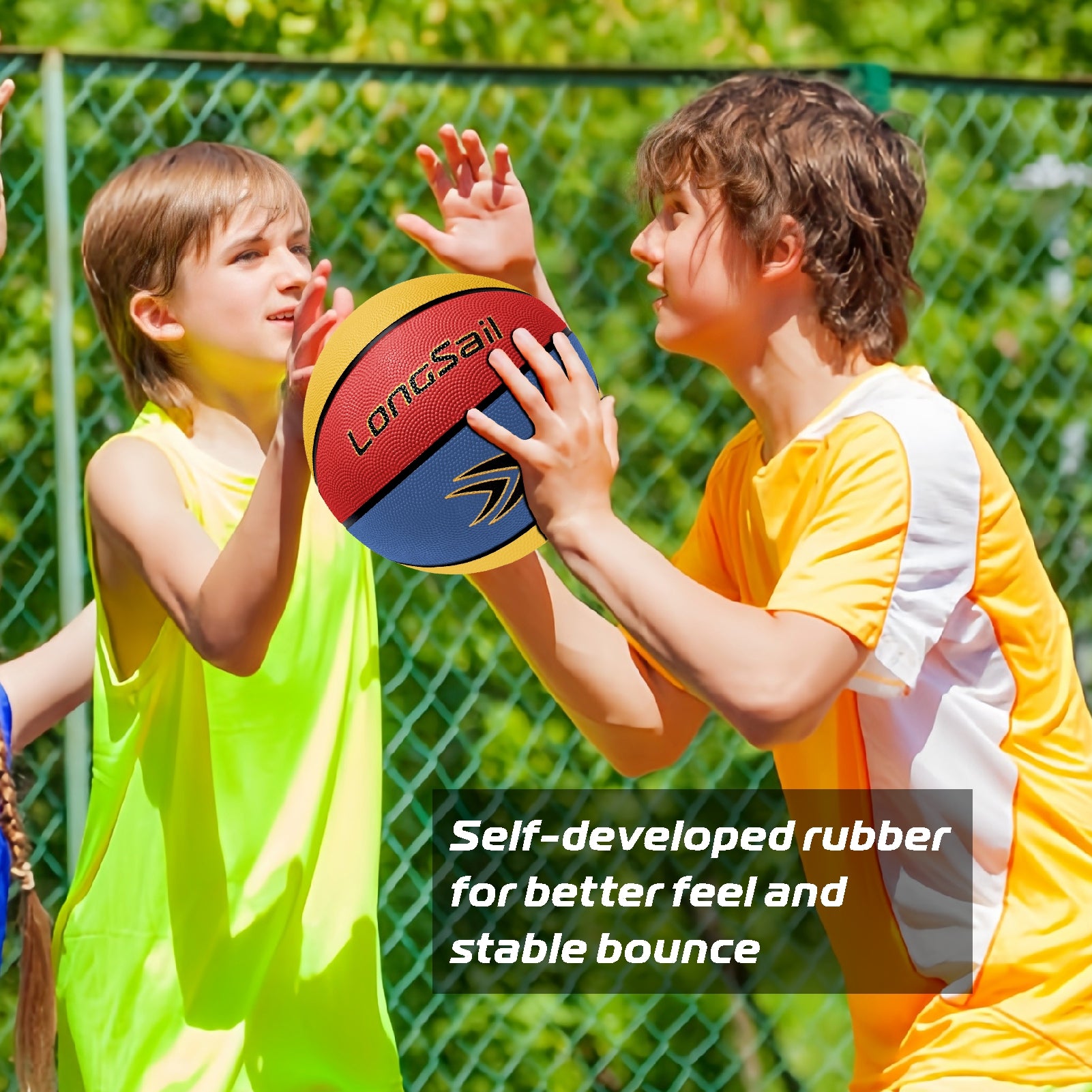 LONGSAIL Ballon de basketball en caoutchouc haute qualité (27,5 po) taille 5 rouge/jaune/bleu