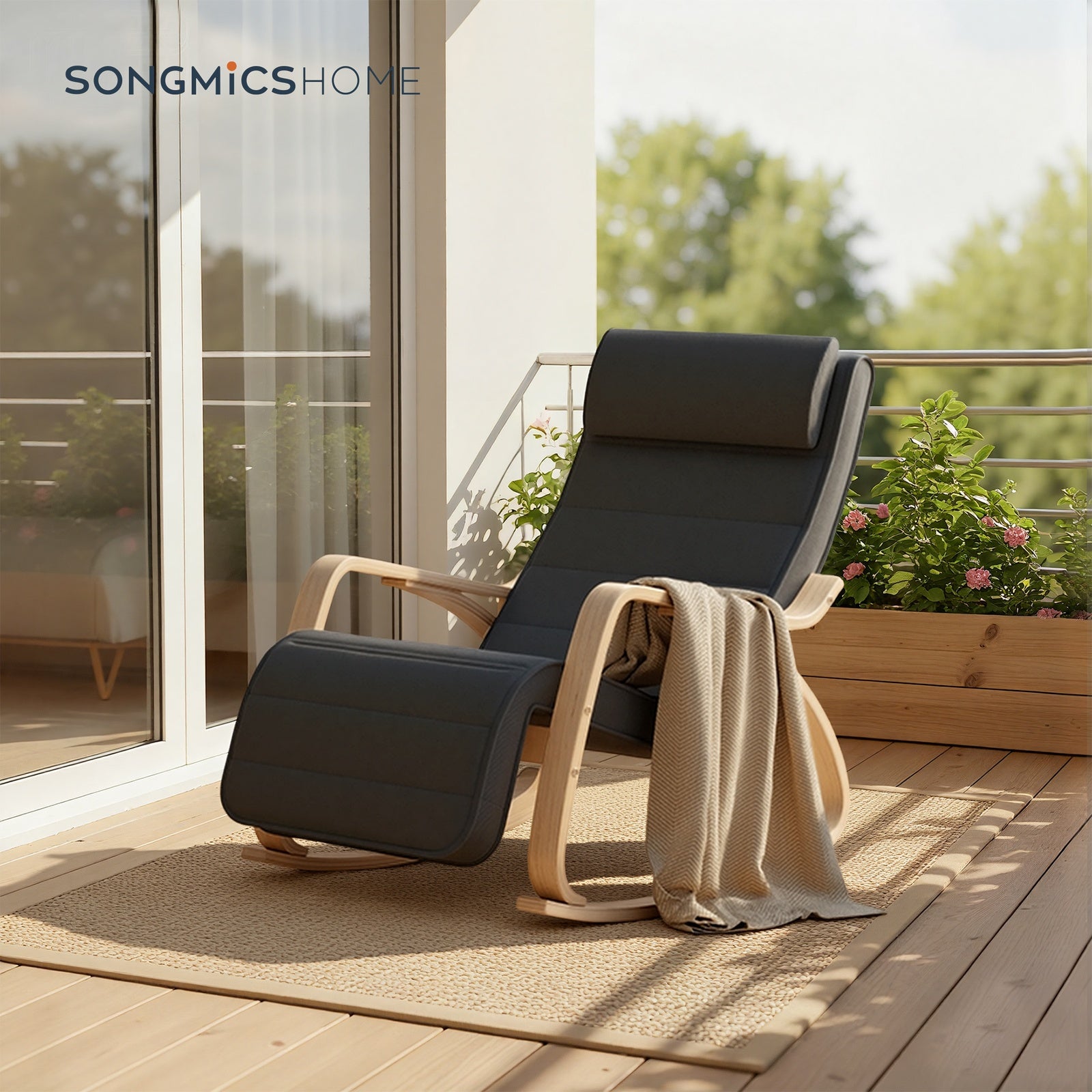 JOYFURNOS Fauteuil à bascule gris foncé et naturel avec accoudoirs en bouleau – Repose-pieds réglable à 5 niveaux, supporte jusqu’à 150 kg – Idéal pour salon ou chambre