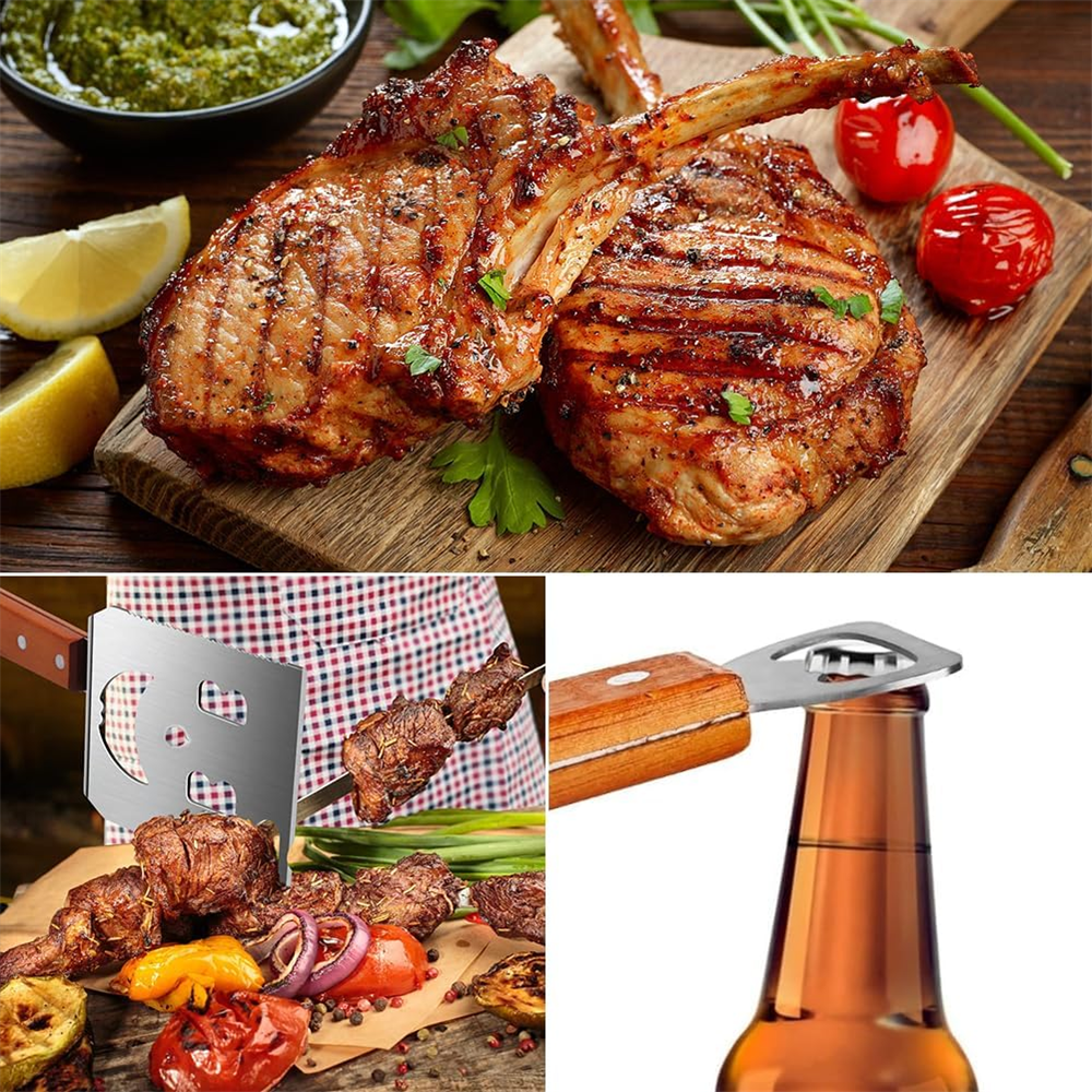 HUACAN Pelle à barbecue d’extérieur en inox avec manche en bois et décapsuleur intégré