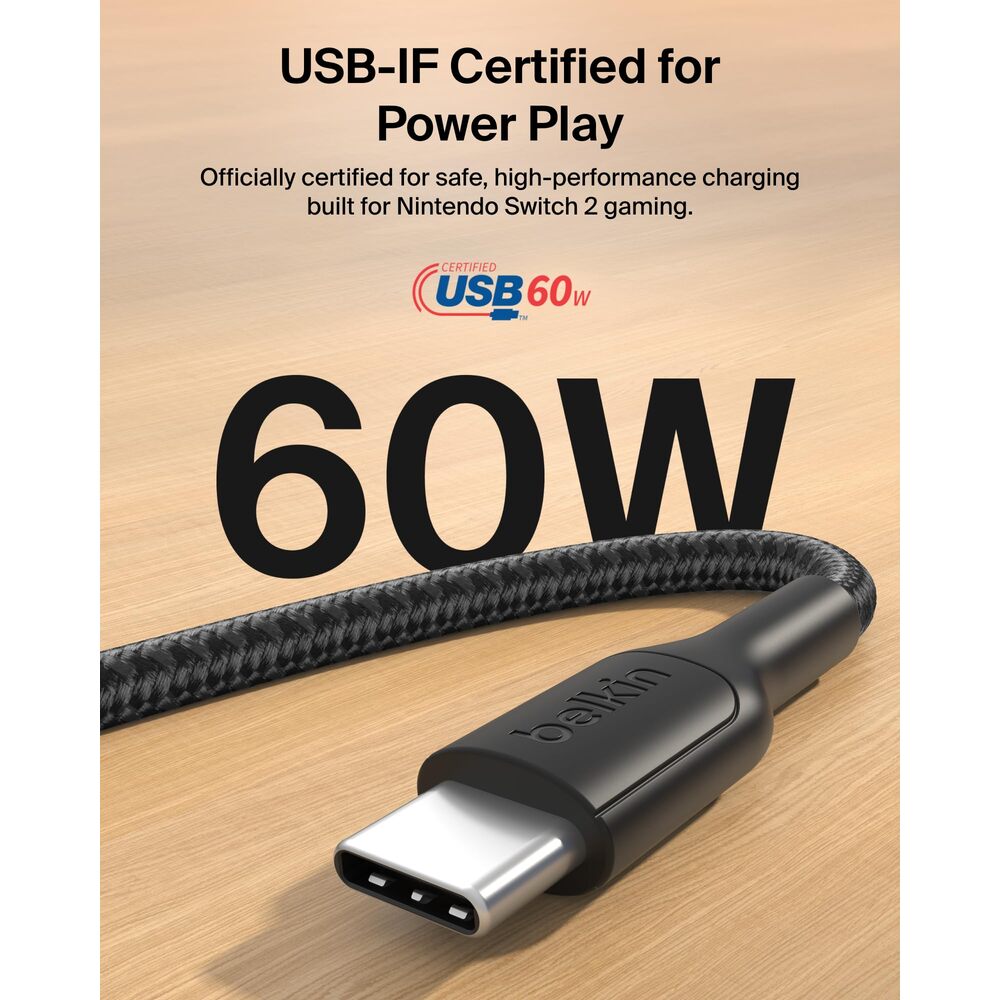 Belkin Gaming câble tressé USB-C vers USB-C 60 W - 2 m