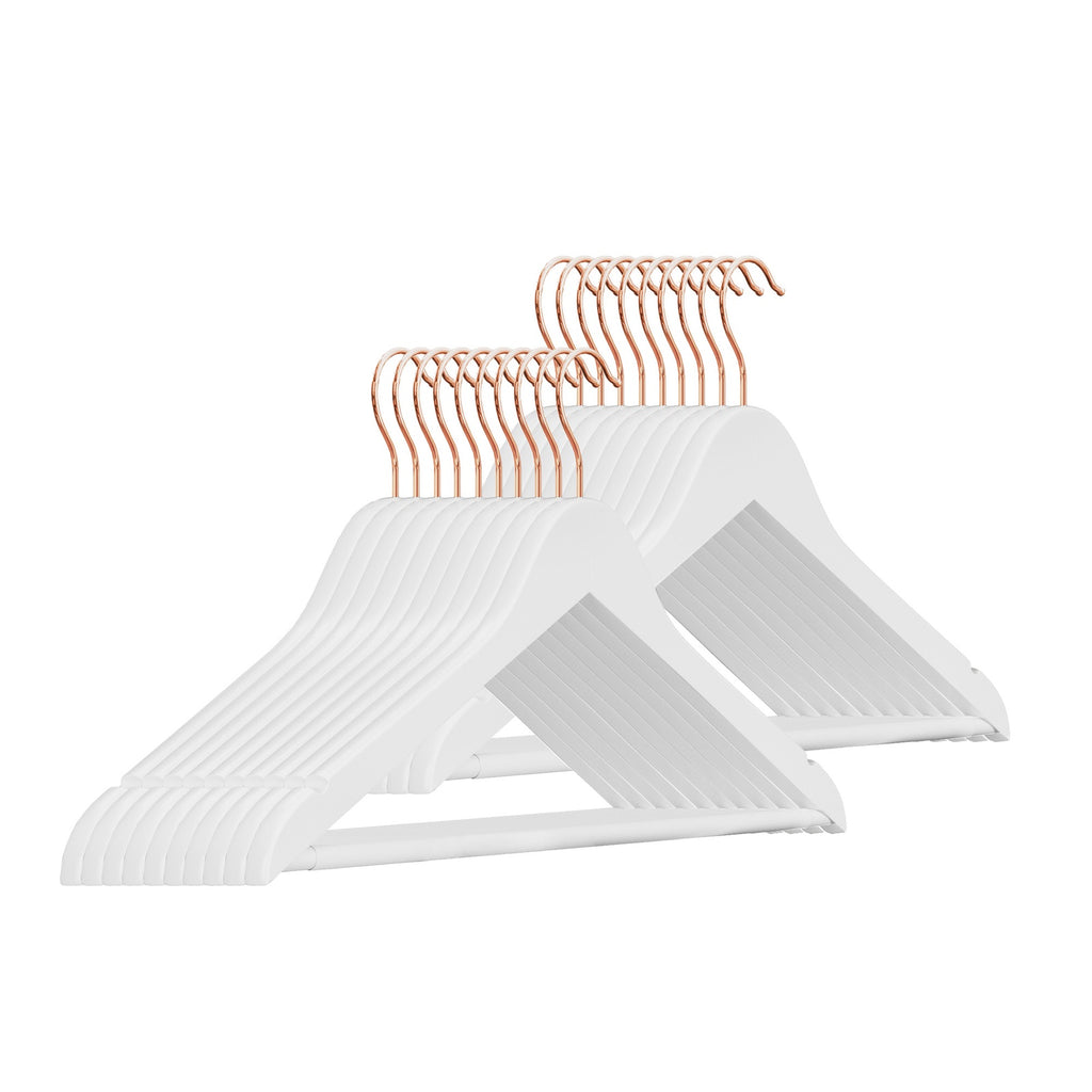 JOYFURNOS Cintres en Bois Massif, Lot de 20, Avec Rainures sur les Épaules, Pour Costumes, Chemises, Manteaux, Blanc et Or Rose