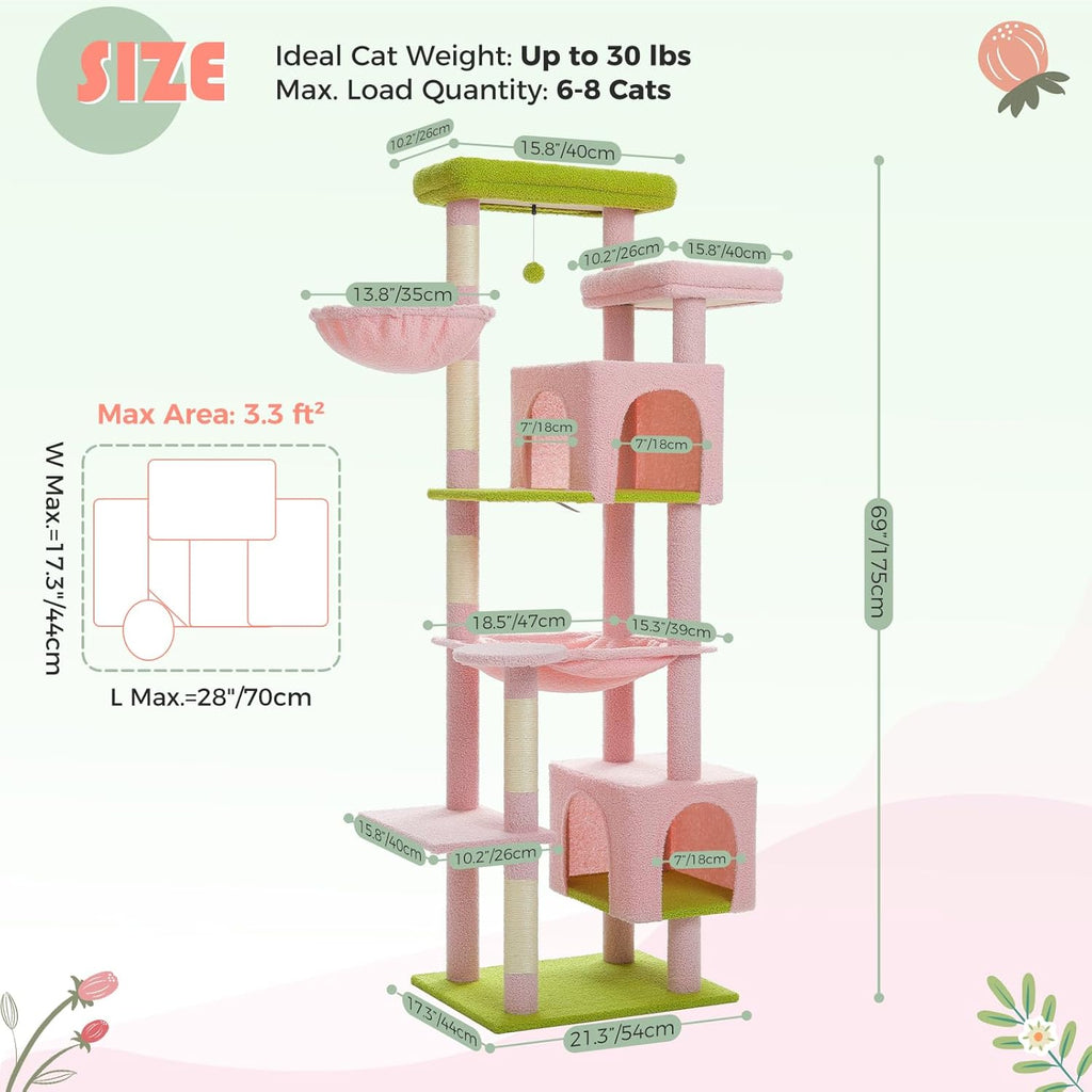 PAWZ Road Grand arbre à chat stable avec plusieurs niveaux, hamac, arbre à chat XXL 175 cm, 13 poteaux en sisal (diamètre 11 cm), grande plateforme, niche, paniers, rose