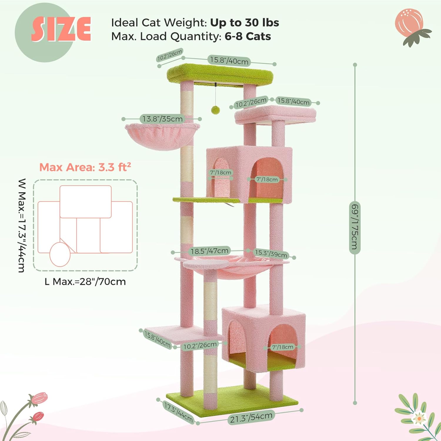 PAWZ Road Grand arbre à chat stable avec plusieurs niveaux, hamac, arbre à chat XXL 175 cm, 13 poteaux en sisal (diamètre 11 cm), grande plateforme, niche, paniers, rose
