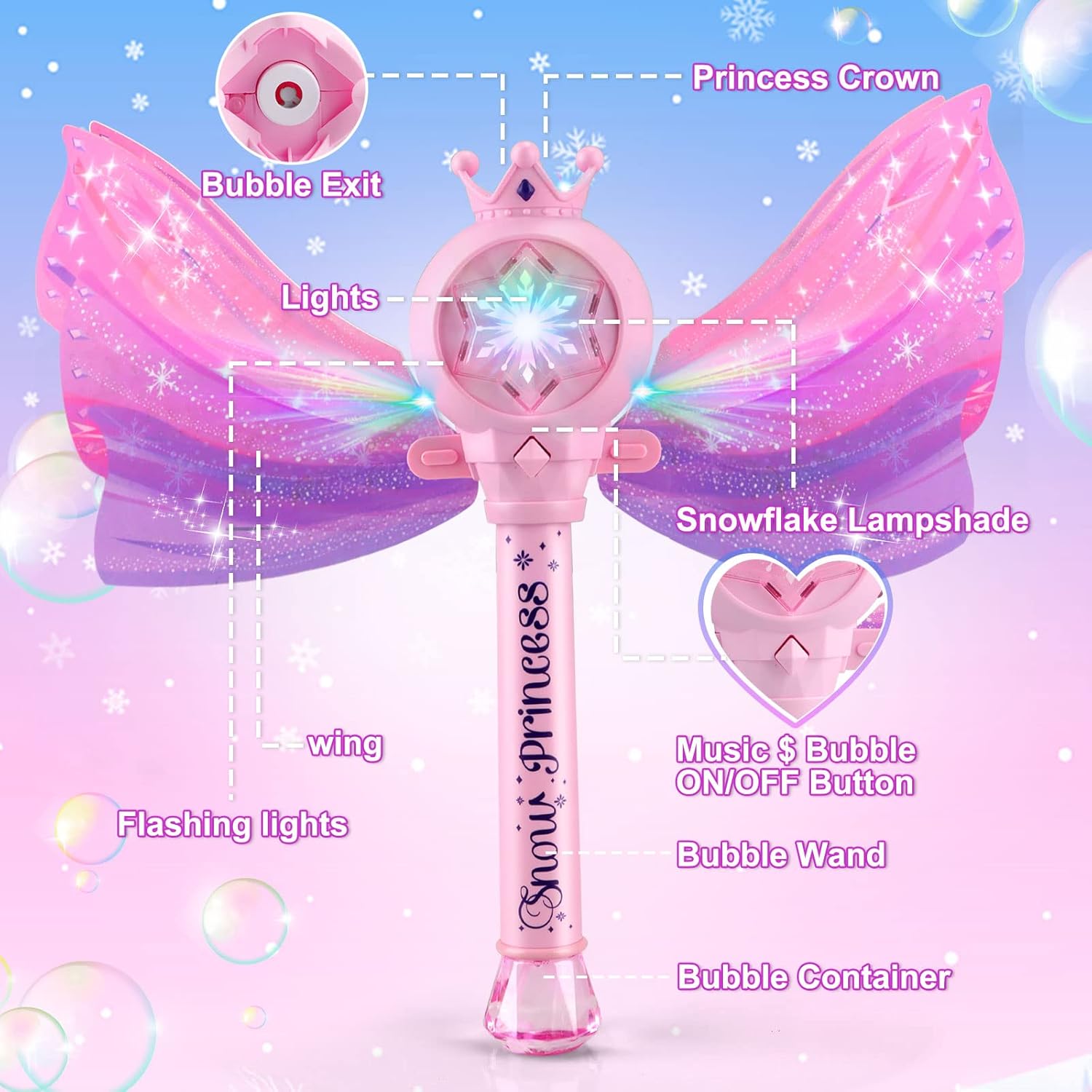Jouet machine à bulles baguette magique de princesse, Baguette souffleur de bulles automatique avec lumière LED musique et couronne à ailes, Cadeau de jouet fabricant de bulles fée rose pour filles et enfants fête en plein air