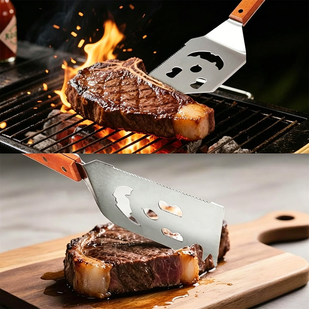 HUACAN Pelle à barbecue d’extérieur en inox avec manche en bois et décapsuleur intégré