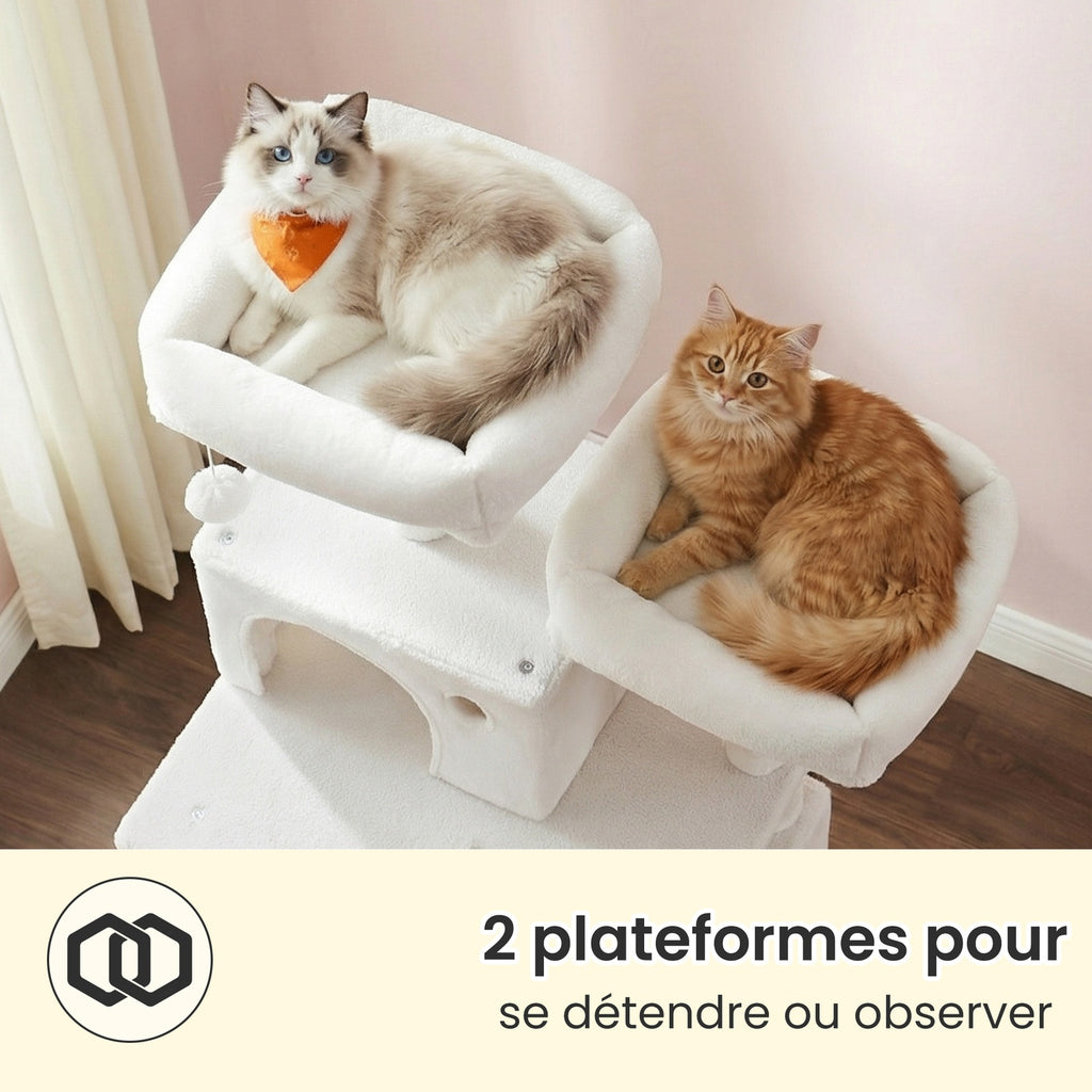 JOYFURNOS Arbre à chat, grande tour pour chat de 168 cm avec 13 poteaux à griffer, 1 rampe à griffer, 2 perchoirs, 2 niches, panier, hamac, pompons, blanc crème