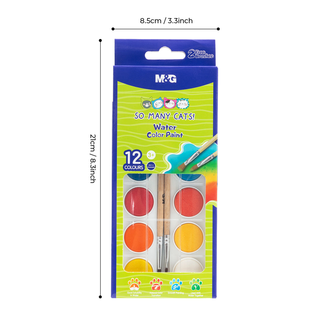 M&G Tant de chats Coffret d'aquarelle 12 couleurs avec pinceau à réservoir d'eau – Fournitures artistiques pour enfants et adultes, idéal pour débutants
