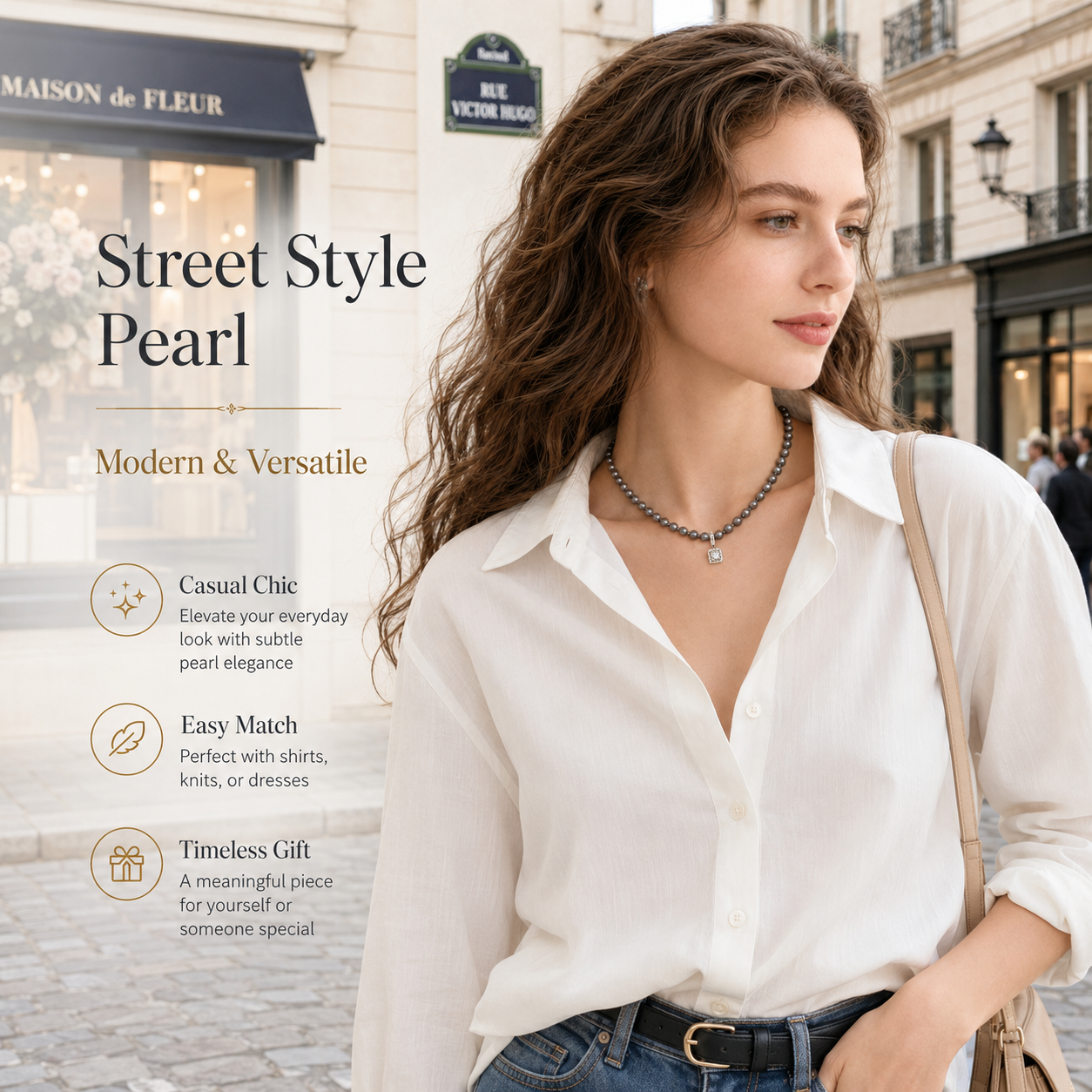 VoxorAI XL25 Collier Cube de Sucre Gris à Perles, Chaîne de Pull, Pendentif Détachable, Toutes Saisons