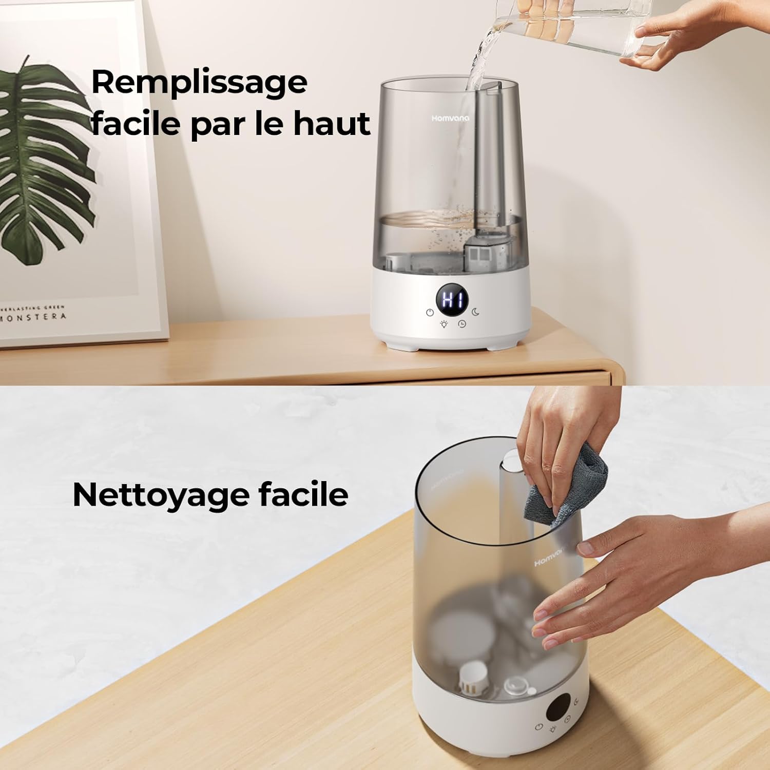 Homvana Humidificateur 3,6 L H101, Gris - Remplissage par le haut, Technologie de pulvérisation silencieuse, Brume fraîche 360°, Autonomie 34 h, Silencieux 16 dB, Sans BPA