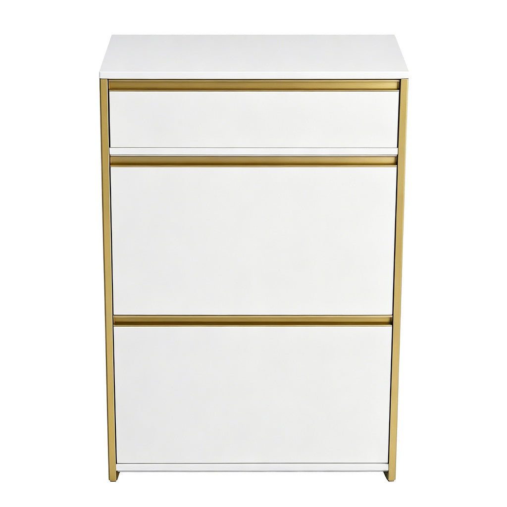 HaluPeit Meuble à chaussures étroit avec tiroir, 2 portes battantes, 4 étagères réglables, Pour couloirs, 60 x 24 x 104,5 cm, Blanc et doré