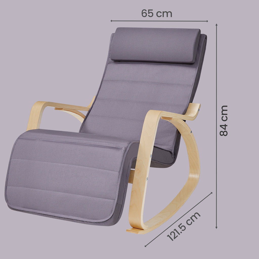 JOYFURNOS Fauteuil à bascule avec accoudoirs, Fauteuil lounge à bascule en bois de bouleau, Repose-pieds 5 positions réglables, Gris clair et Naturel