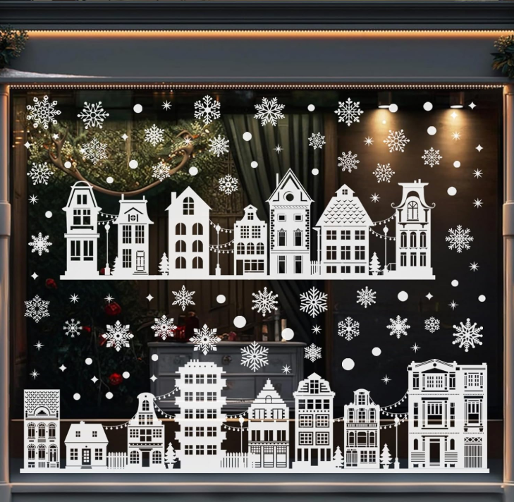 JU7CER 9 autocollants de décoration de fenêtre de Noël double face, autocollants de neige électrostatiques en PVC réutilisables, motif de maison de neige blanc