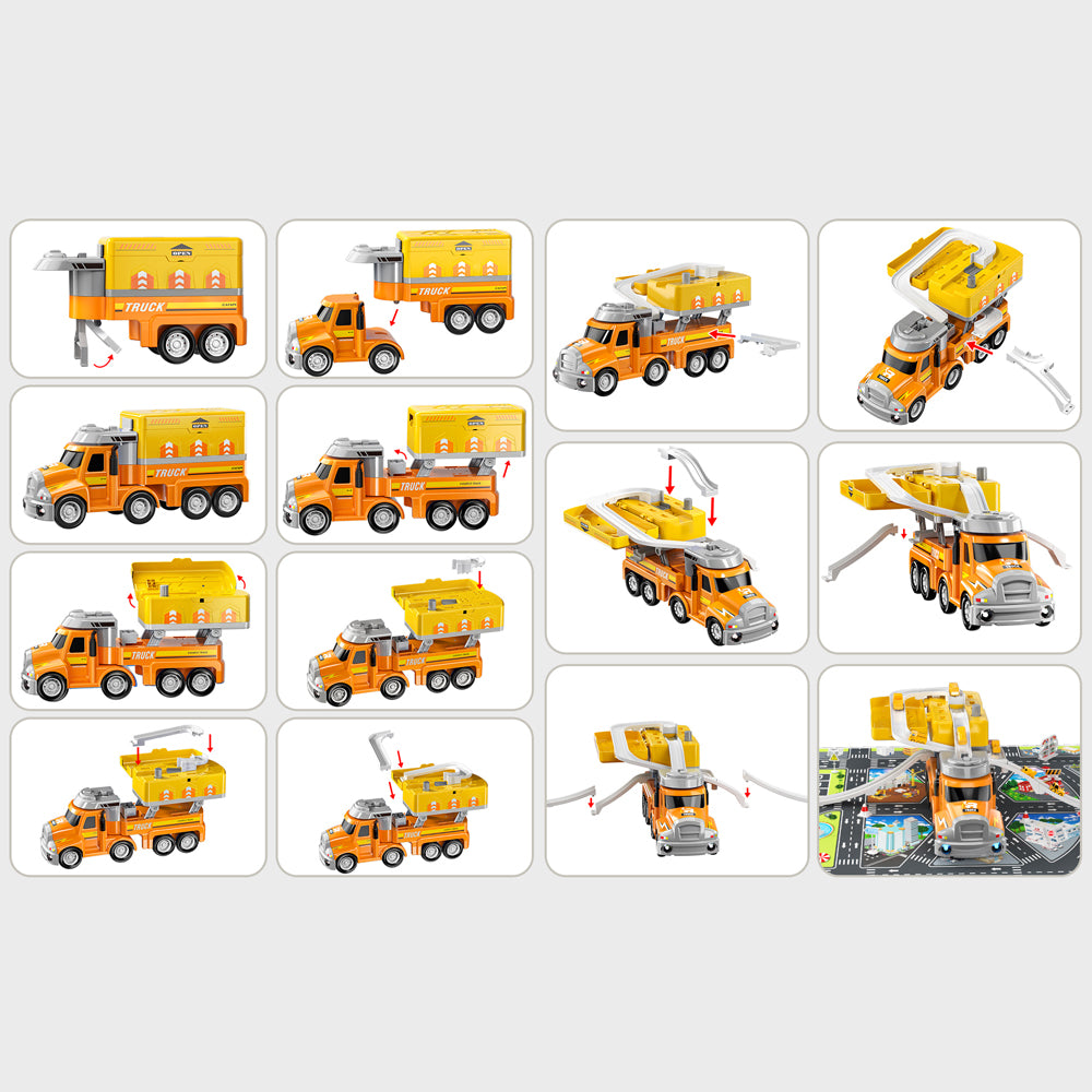Jouet de transport de voitures Jouet de station de camion mobile avec 8 mini véhicules Piste de course Jouet, Cadeaux d'anniversaire