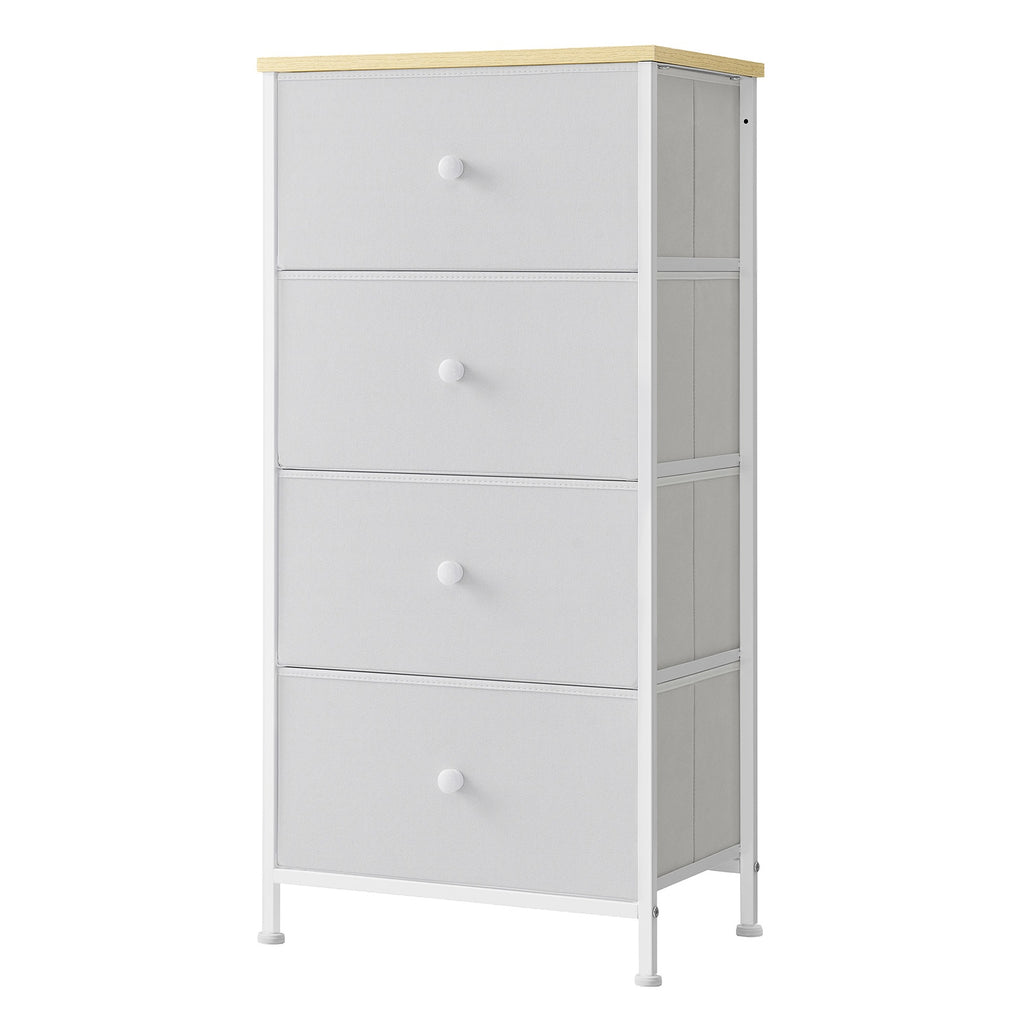 JOYFURNOS Commode en tissu pour chambre, avec 4 tiroirs, cadre en métal, blanc